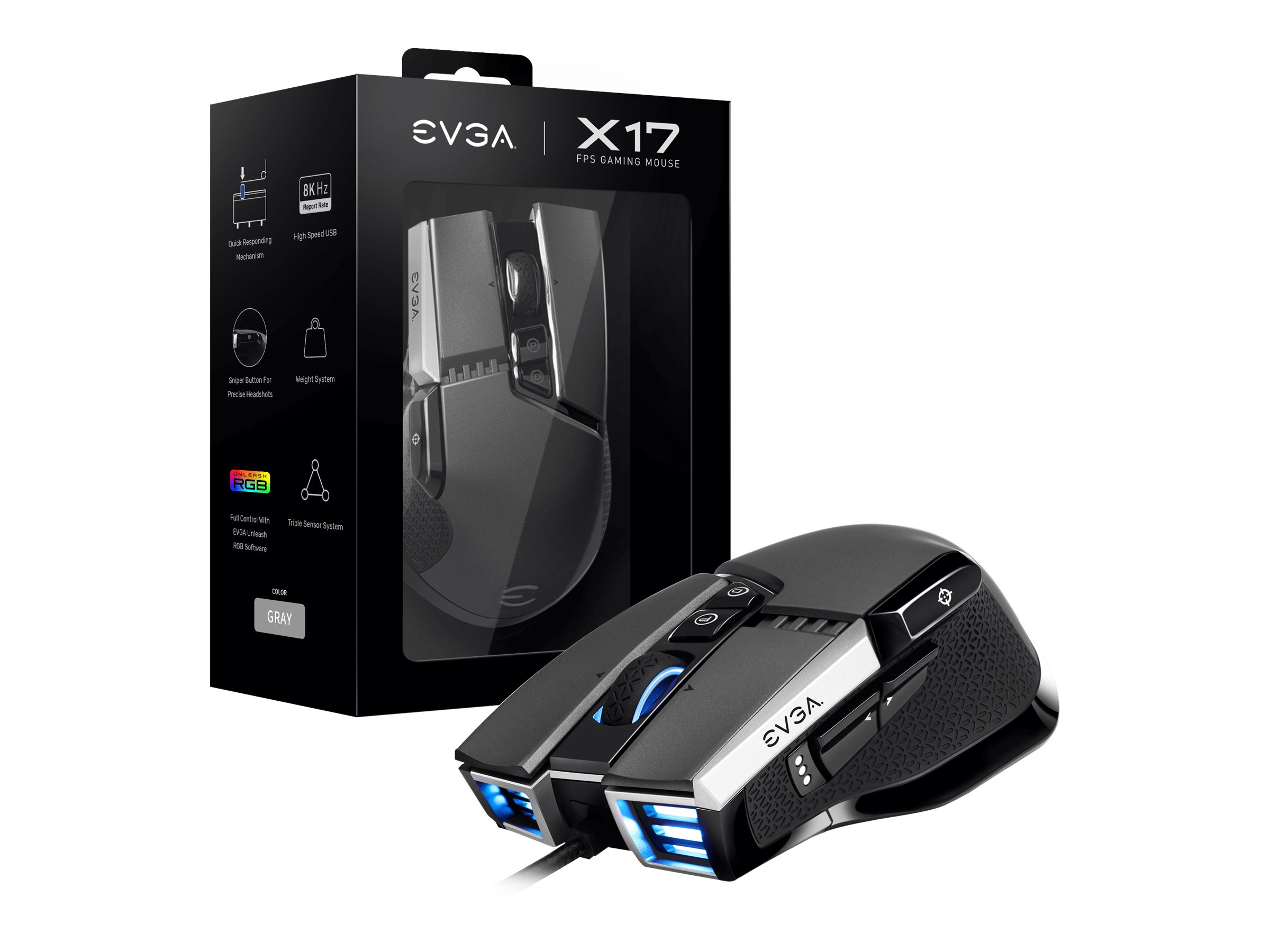 Ratón gaming negro con una caja. El ratón tiene cable, botones y luces azules.