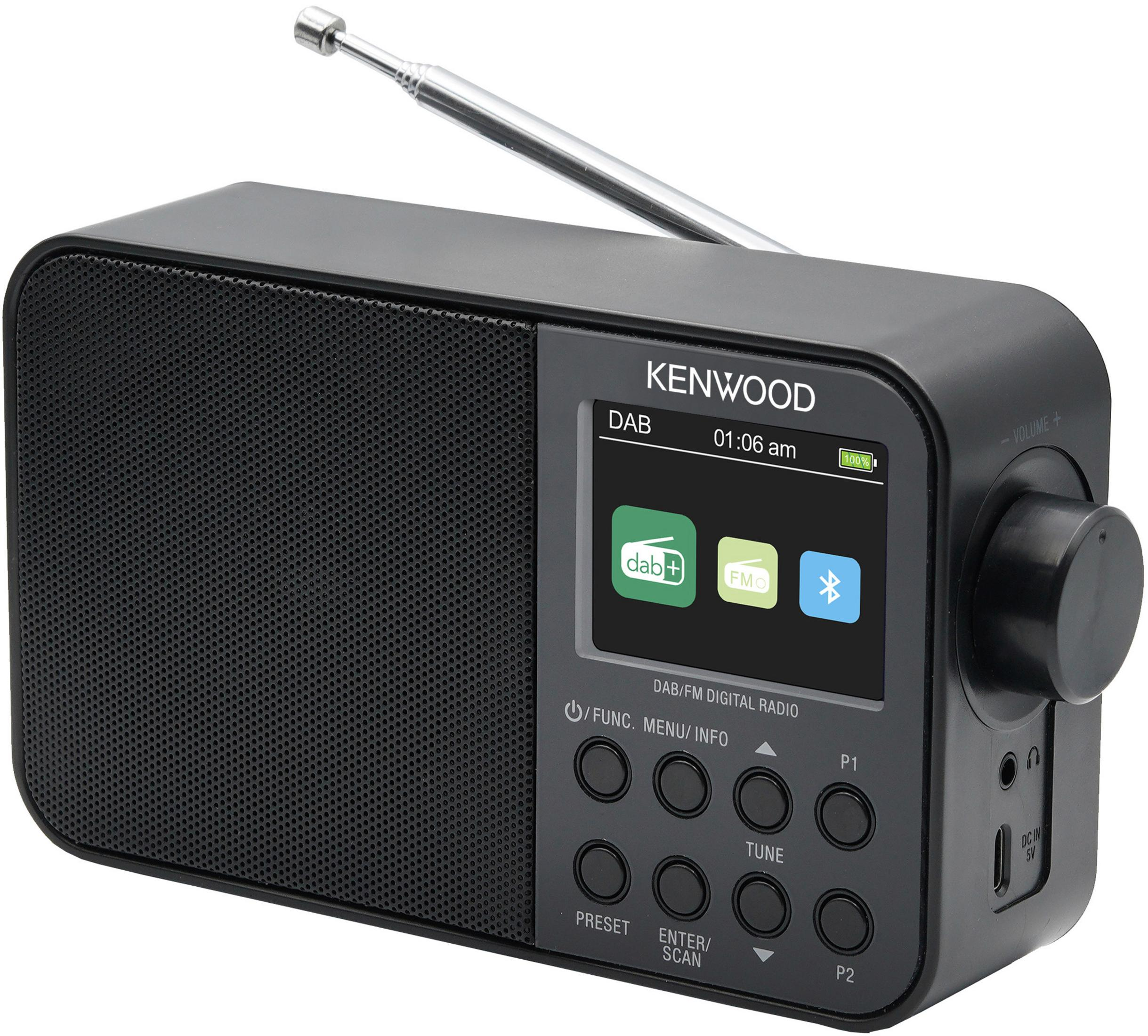 Czarny radio cyfrowe Kenwood DAB/FM. Ekran wyświetla czas, ikony DAB, FM i Bluetooth.