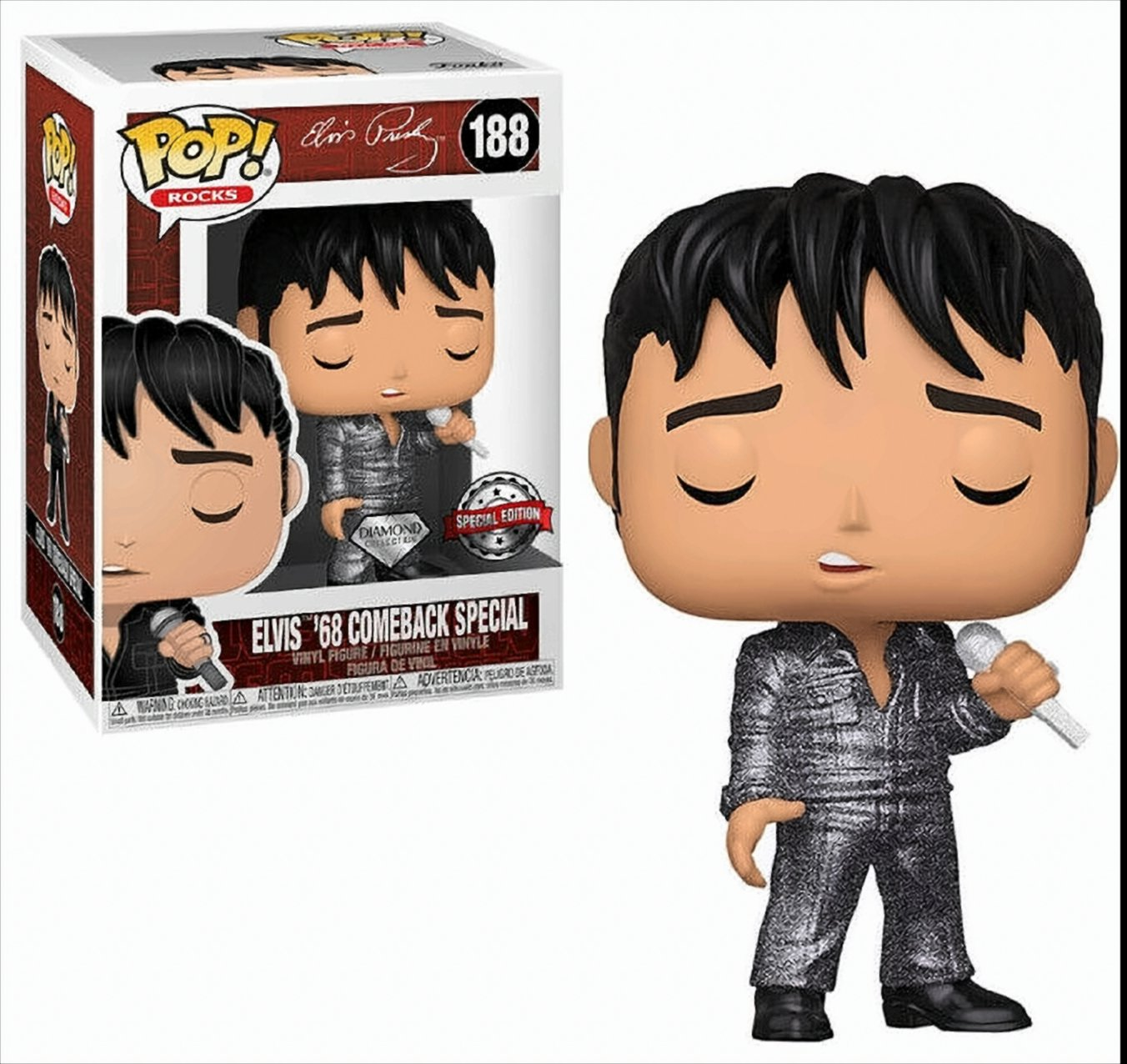 Figura di Elvis con scatola. La figura indossa un abito argentato, tiene un microfono. La scatola dice 'Elvis '68 Comeback Special'.