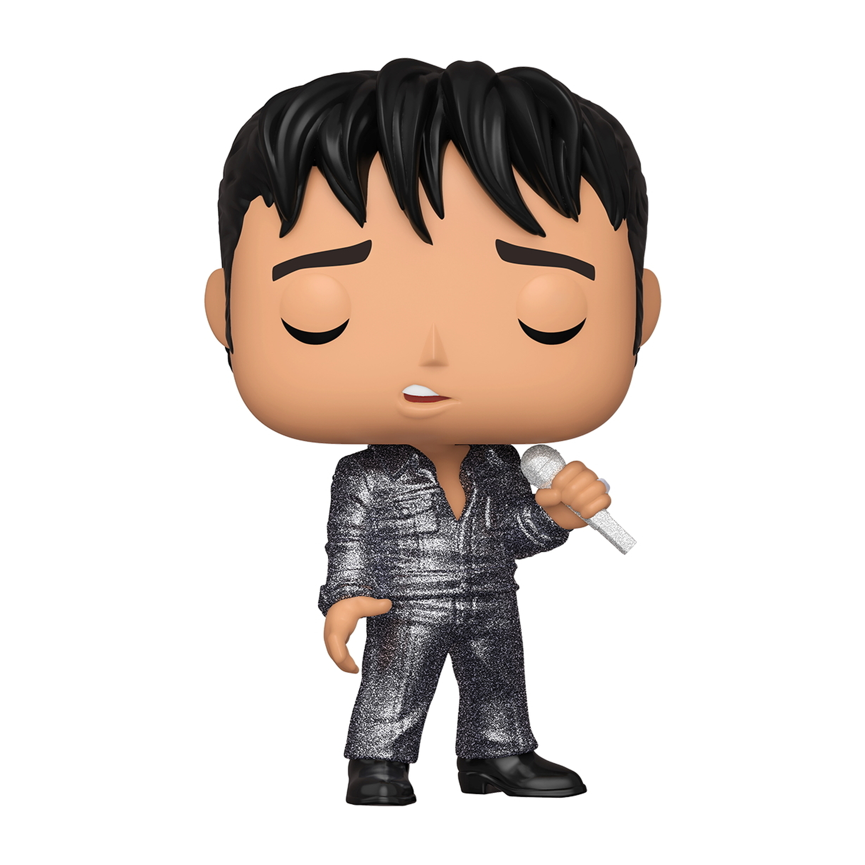 Funko Pop di Elvis Presley. Indossa una tuta argentata e tiene un microfono. Sfondo bianco.