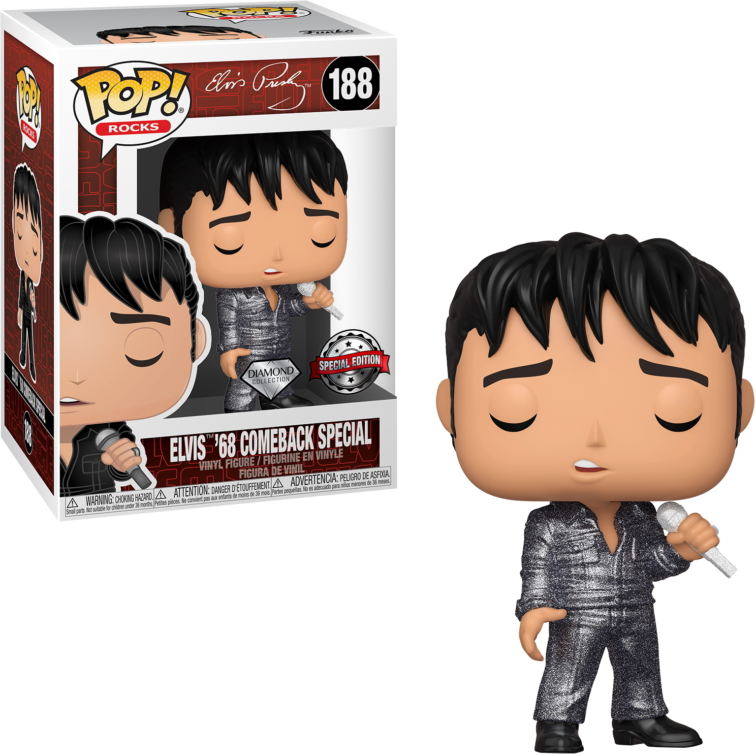 Figura Funko Pop di Elvis Presley, scatola, microfono, abito argento.
