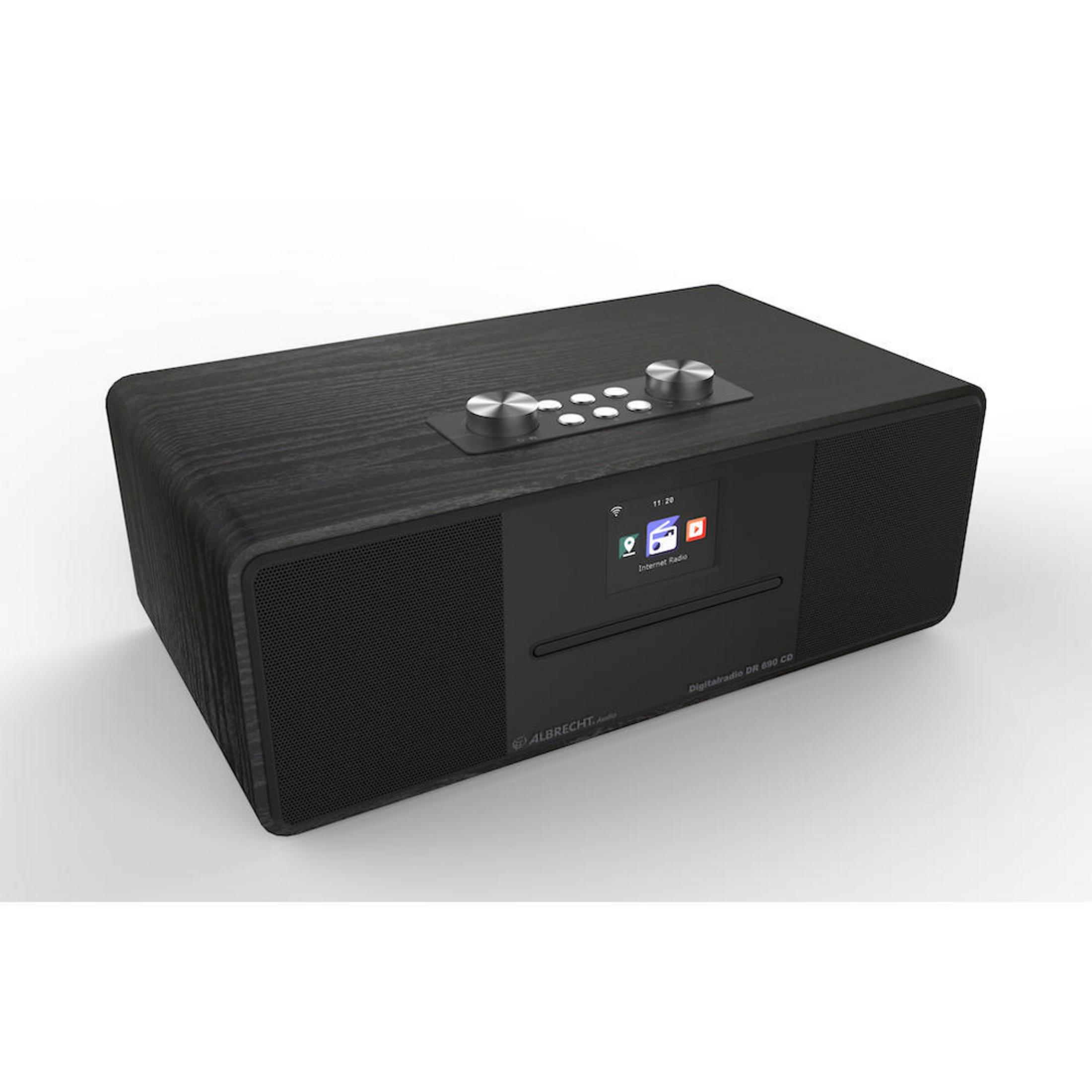 Czarno-drewniane radio z ekranem i srebrnymi pokrętłami, na białym tle.