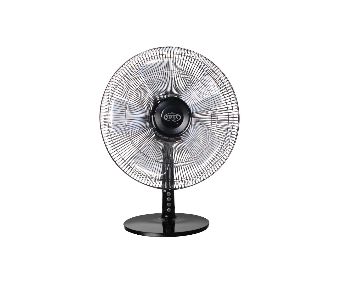 Ventilatore oscillante nero e argento con base rotonda.