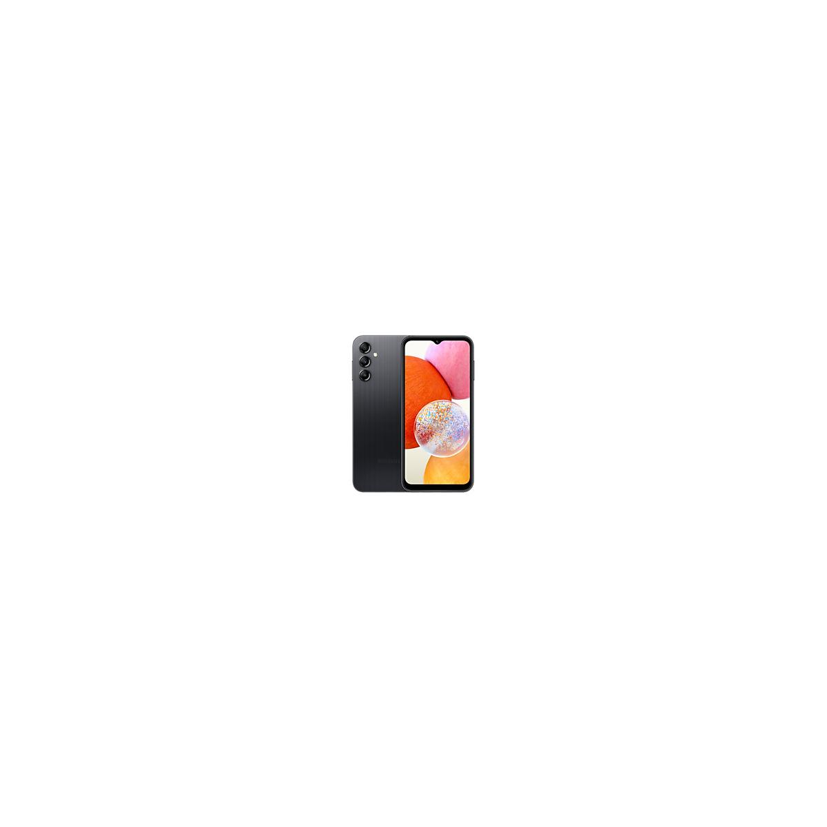 Due smartphone, nero e giallo, contro uno sfondo bianco. Vista posteriore.