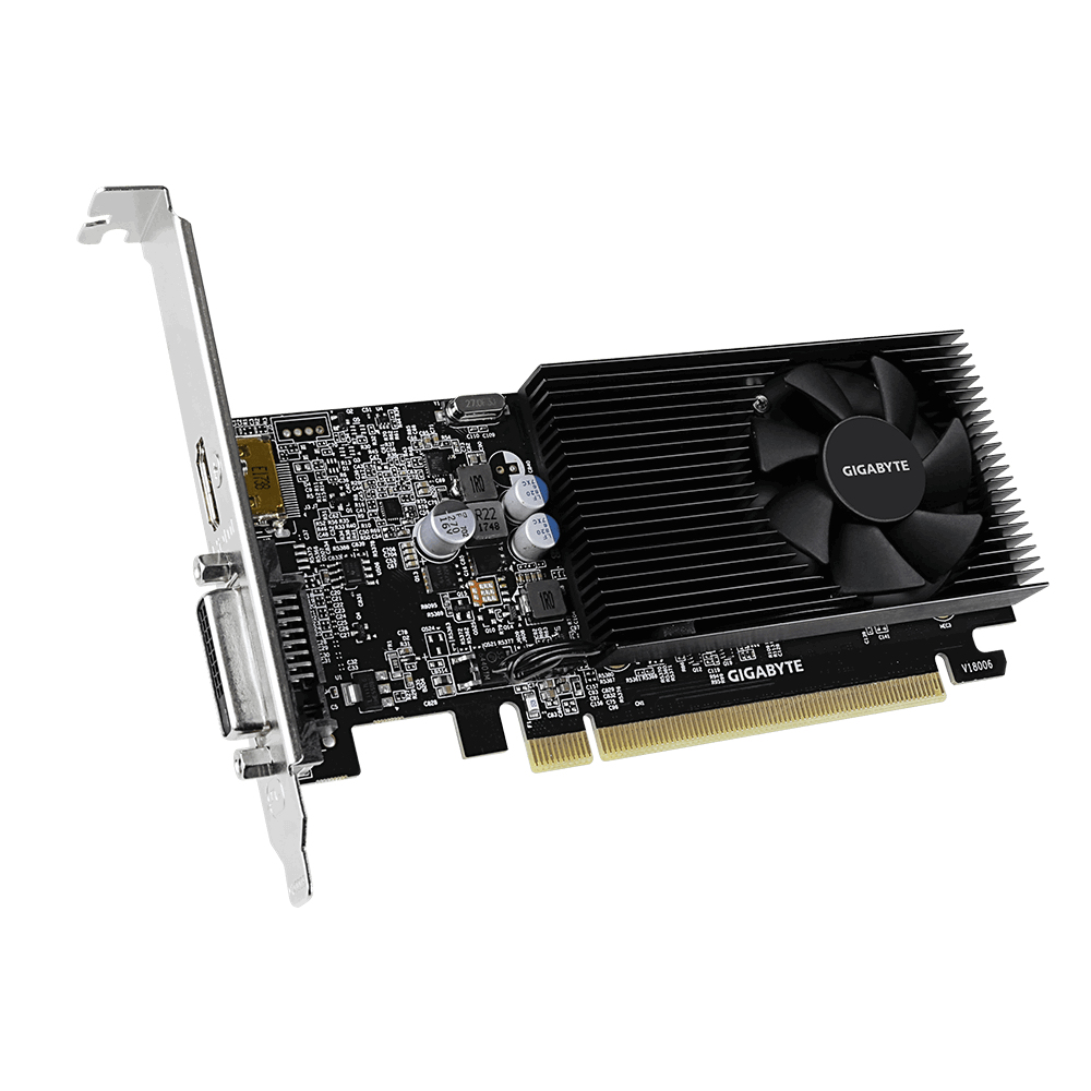 Gigabyte Grafikkarte. Schwarzer Lüfter, silberne Halterung und Schaltkreise sind sichtbar.