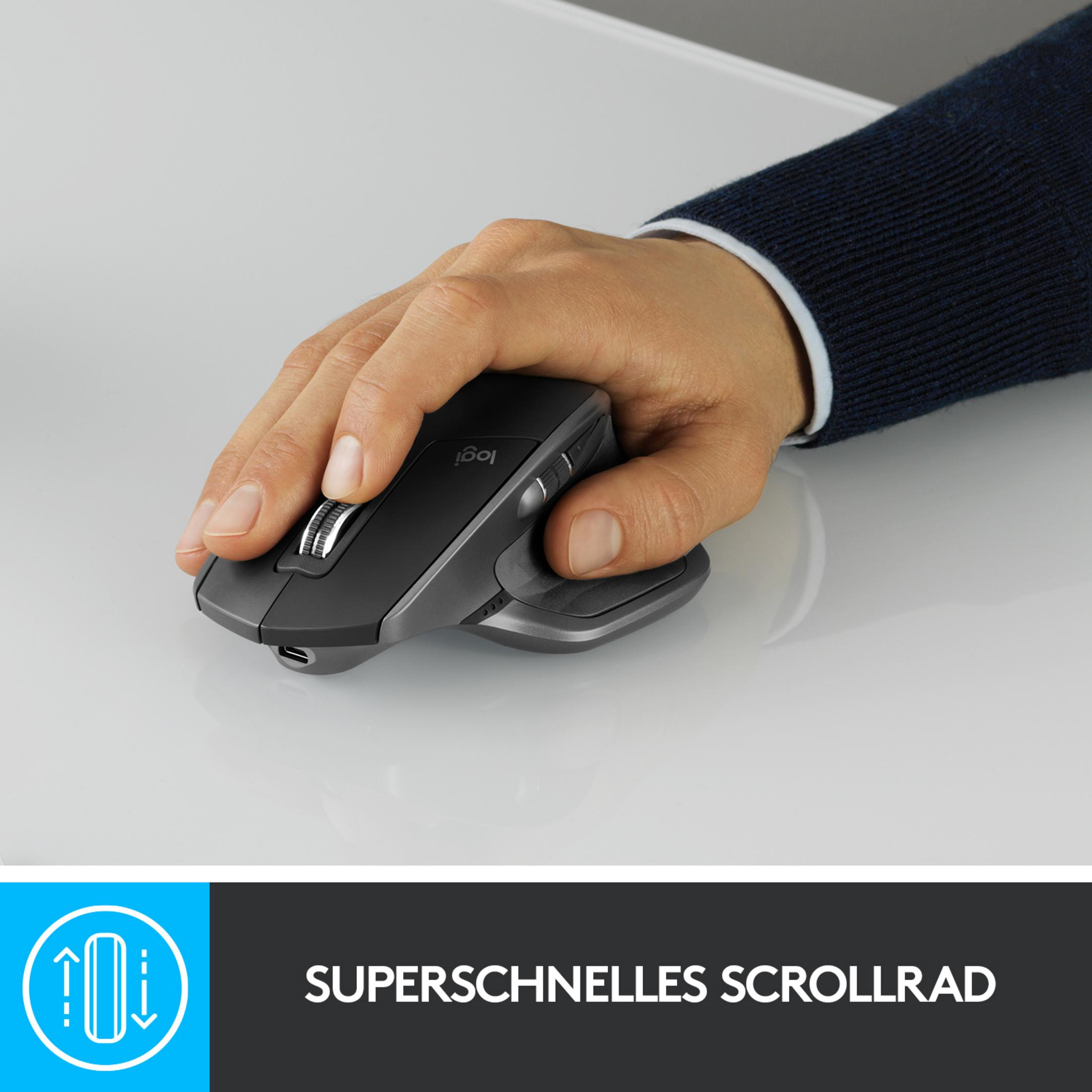 De hand van een persoon die een Logitech-muis gebruikt. De muis is zwart en grijs en het onderschrift luidt: supersnelle scroll.