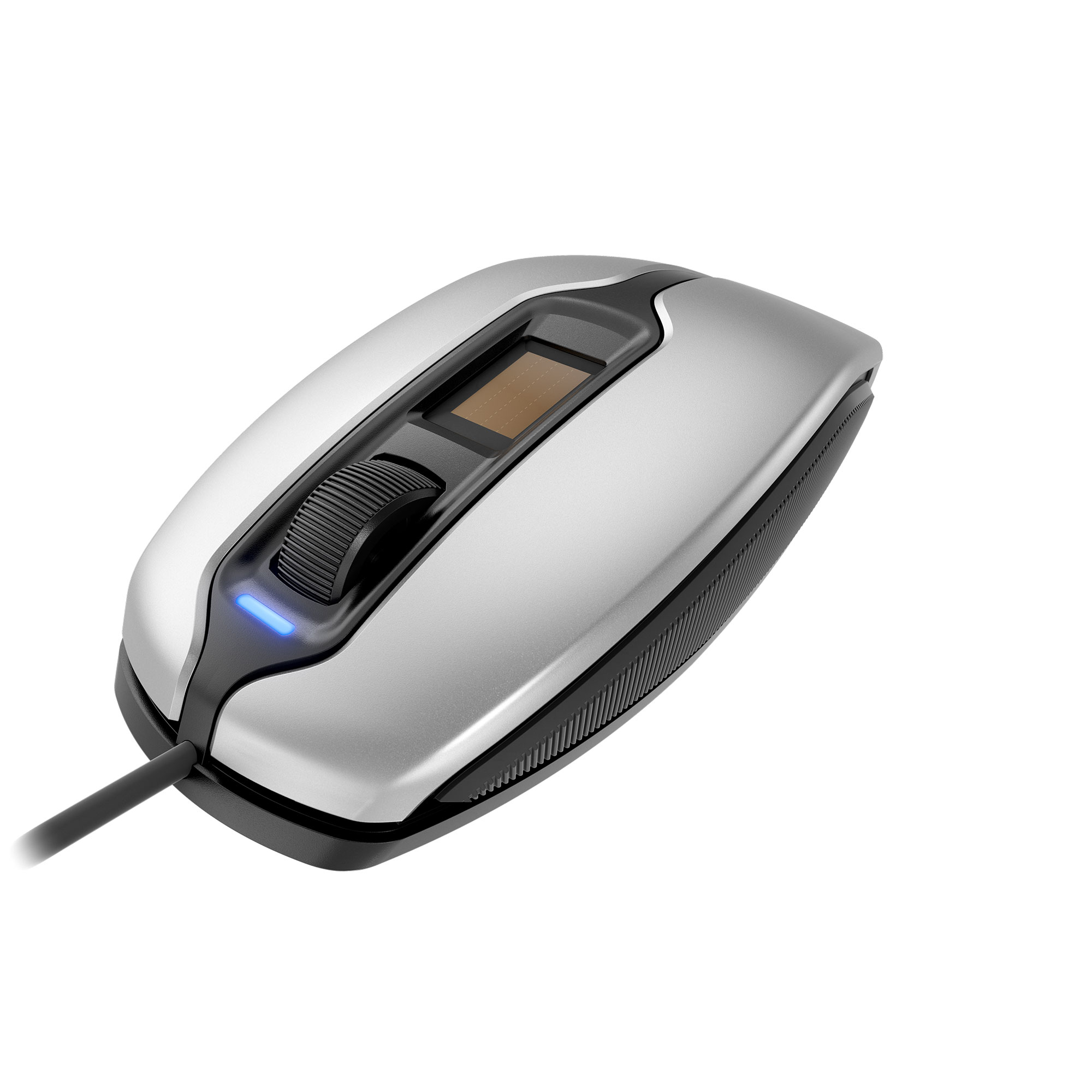 Silver computer mouse with a fingerprint scanner. The mouse has a black cord.