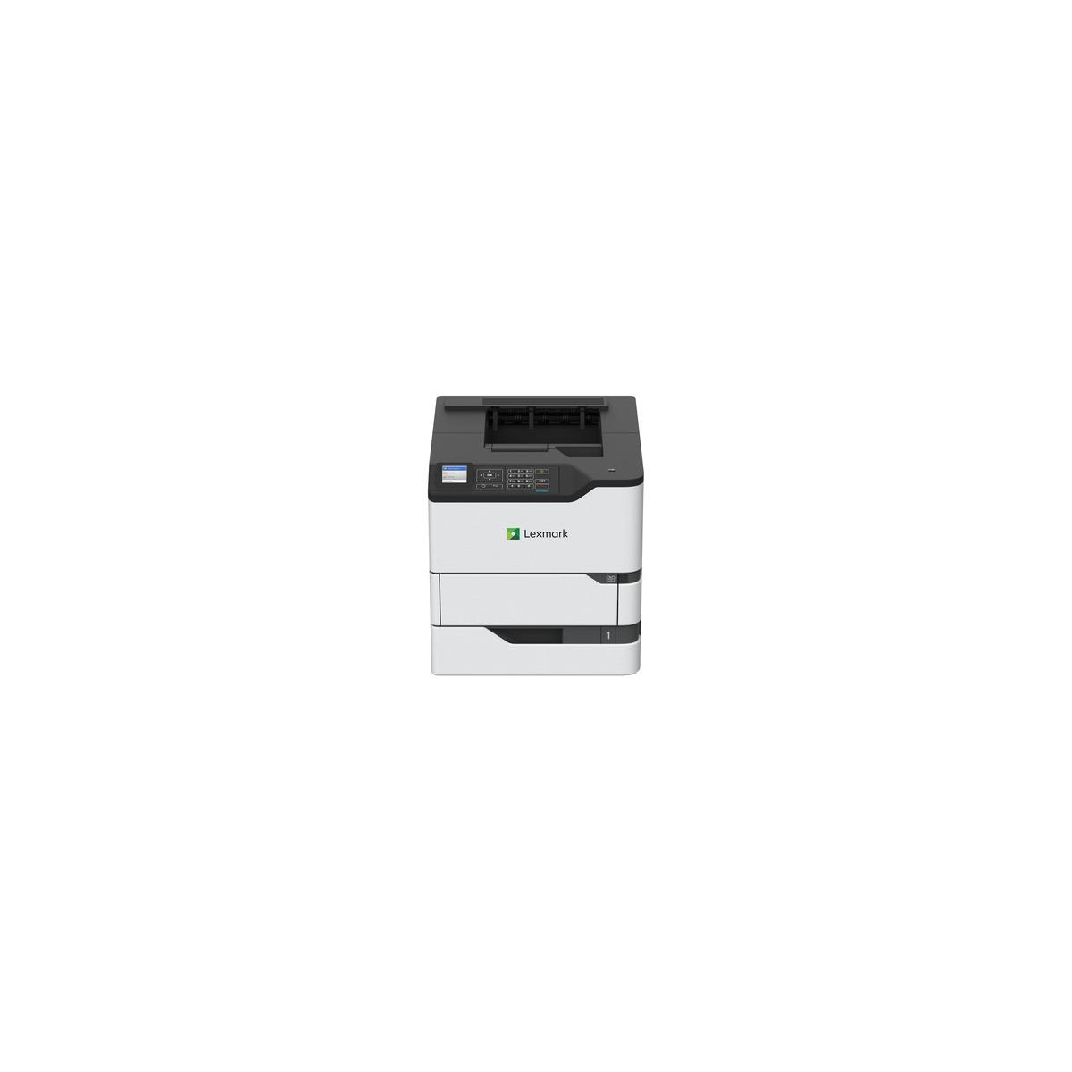 Lexmark printer, wit en grijs. Het heeft een bedieningspaneel bovenop. Geïsoleerd op witte achtergrond.
