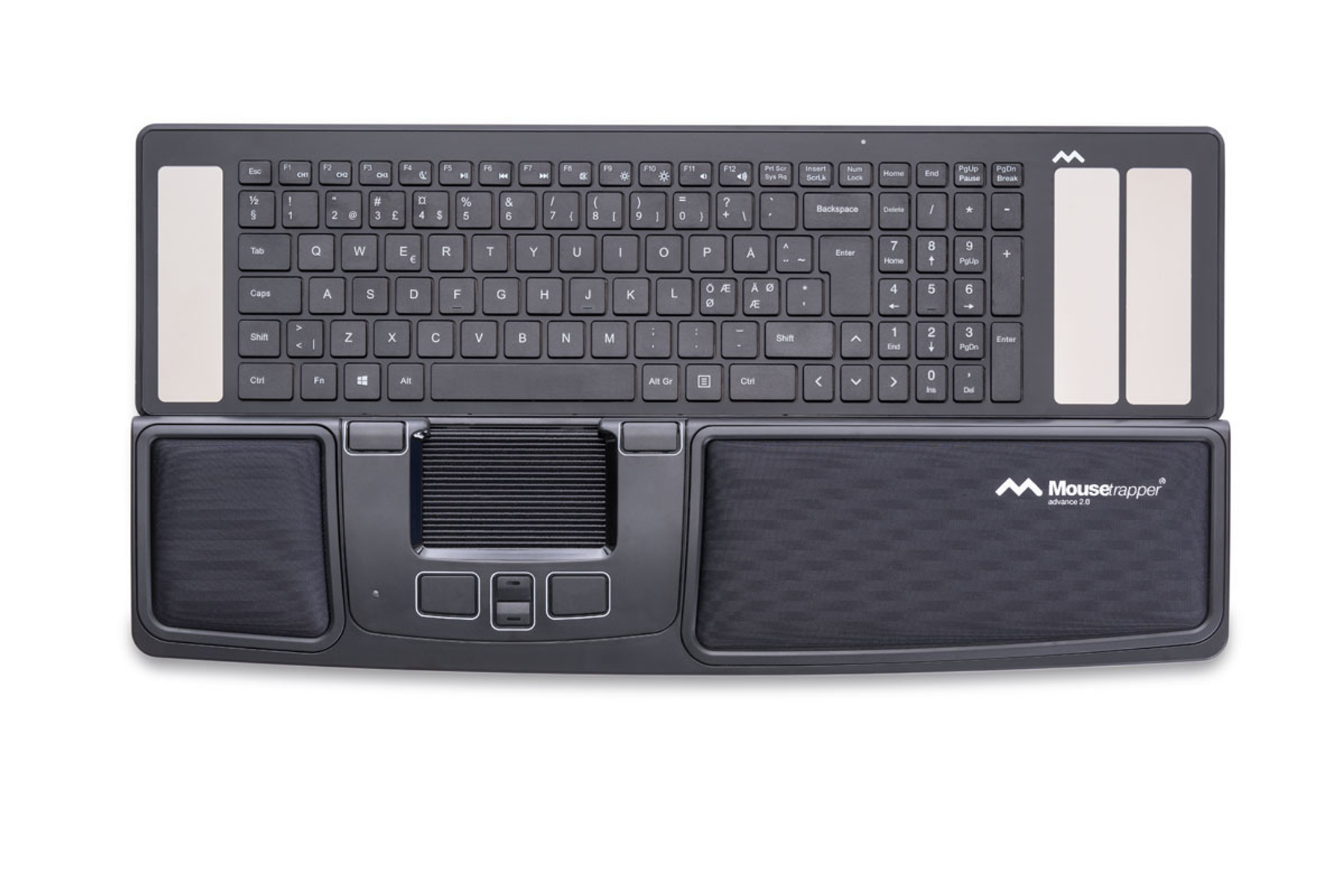Teclado MouseTrapper negro con panel táctil integrado y reposamuñecas.