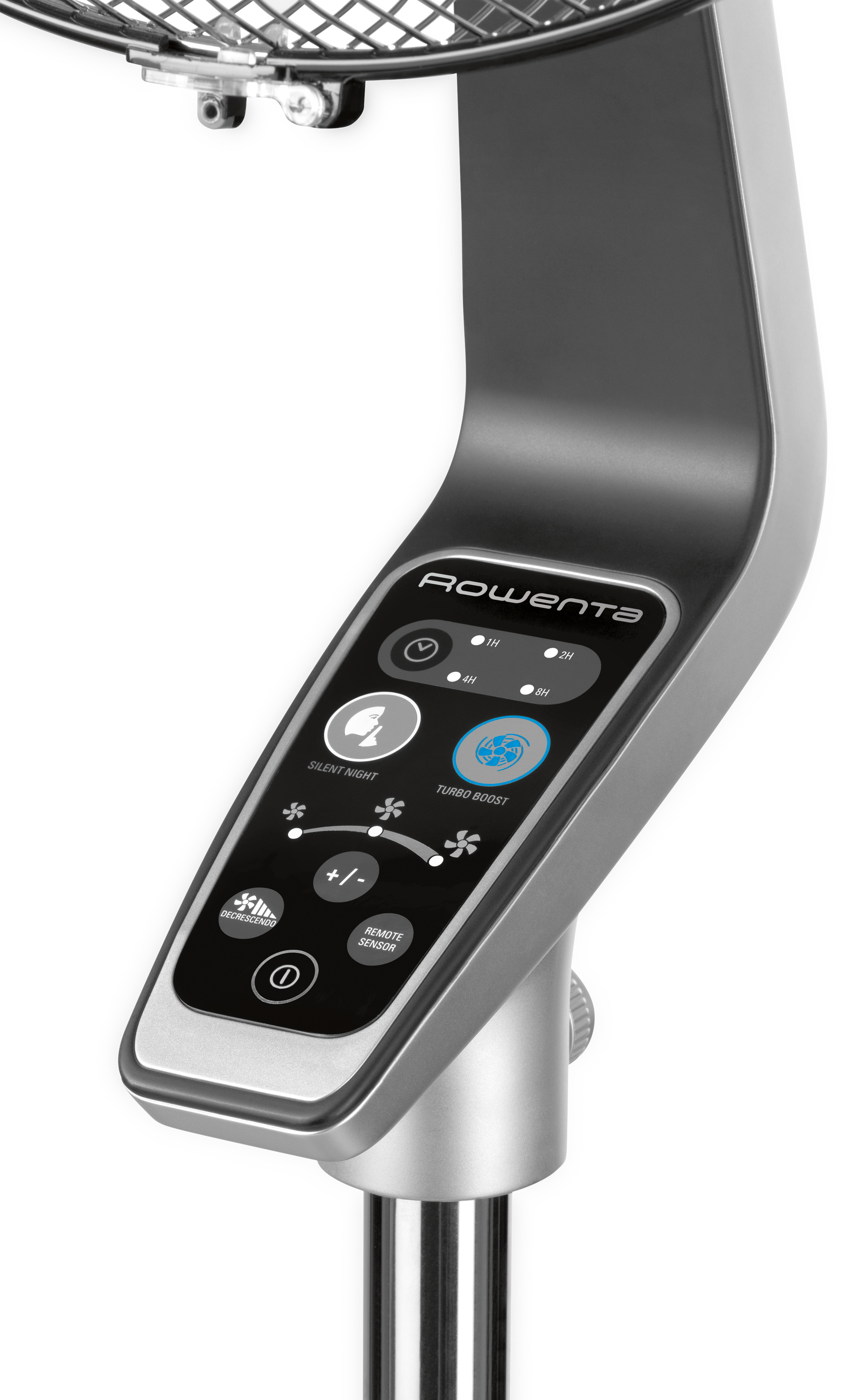 Zbliżenie srebrno-szarego panelu sterowania wentylatora stojącego.