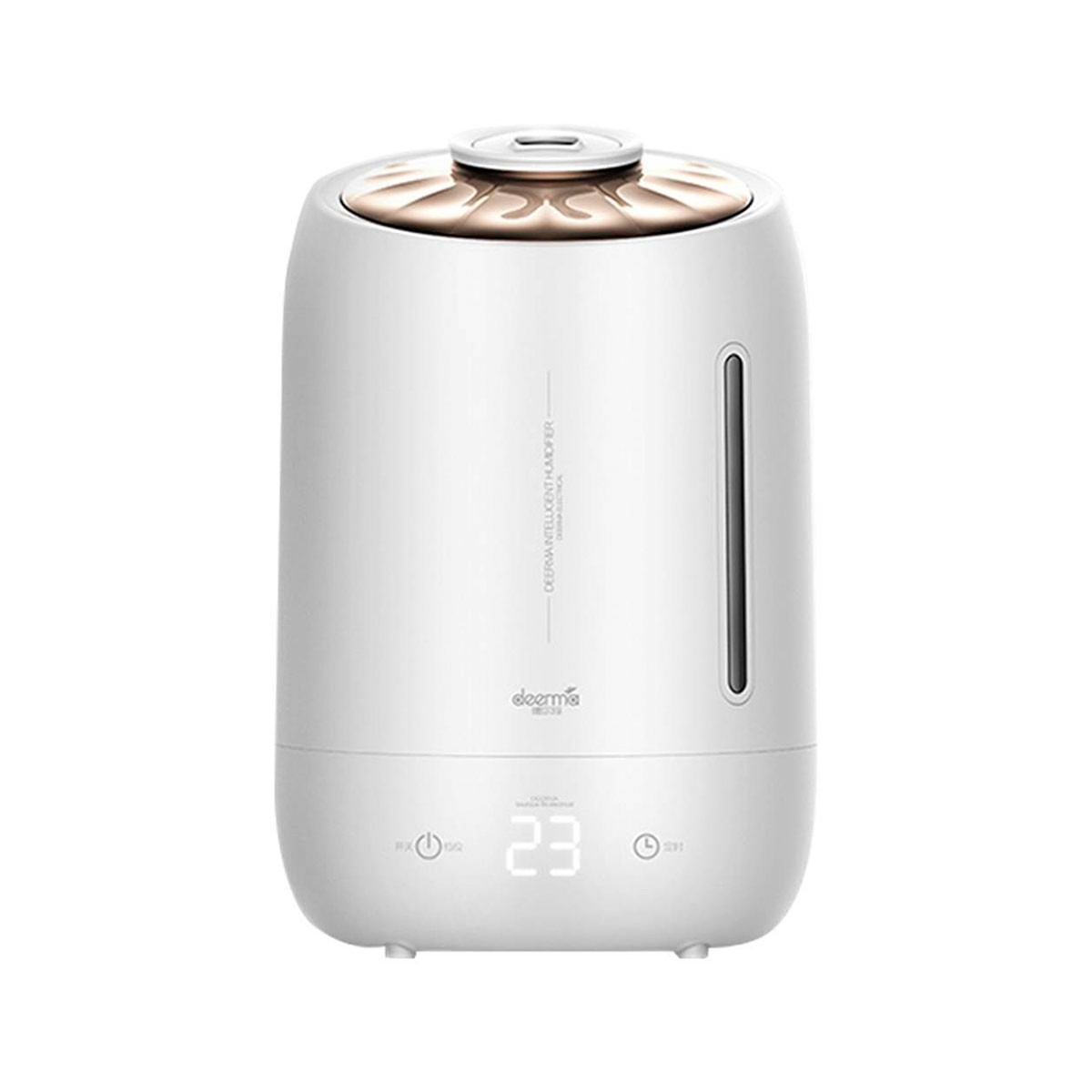 Umidificatore bianco con display digitale e parte superiore dorata.