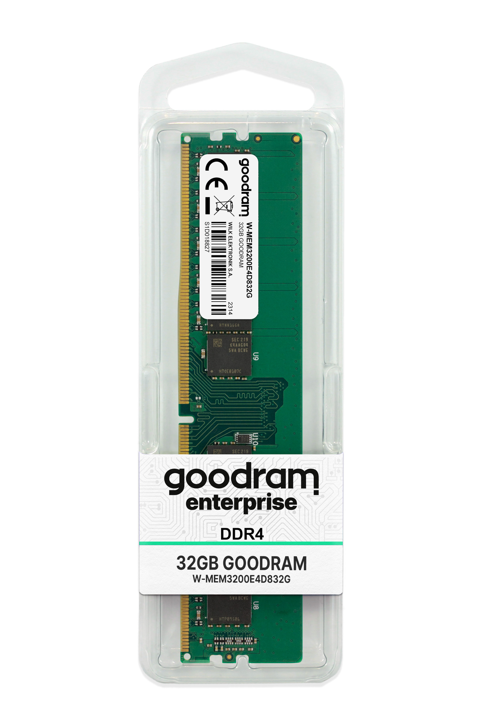 Kość pamięci RAM Goodram DDR4 32GB w przezroczystym opakowaniu plastikowym.