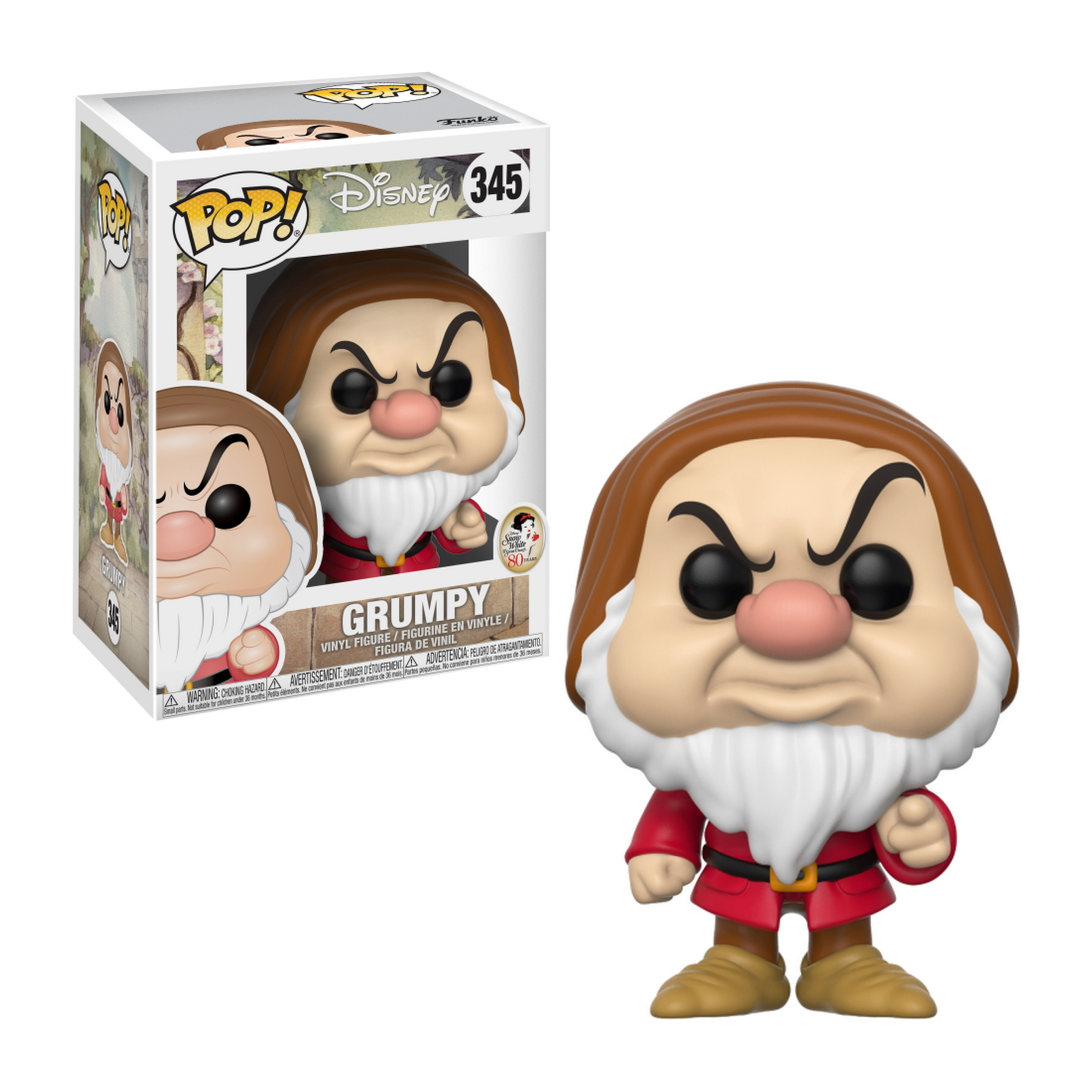 Figura e scatola di Grumpy Funko Pop. La figura ha barba bianca, vestiti rossi ed espressione arrabbiata.