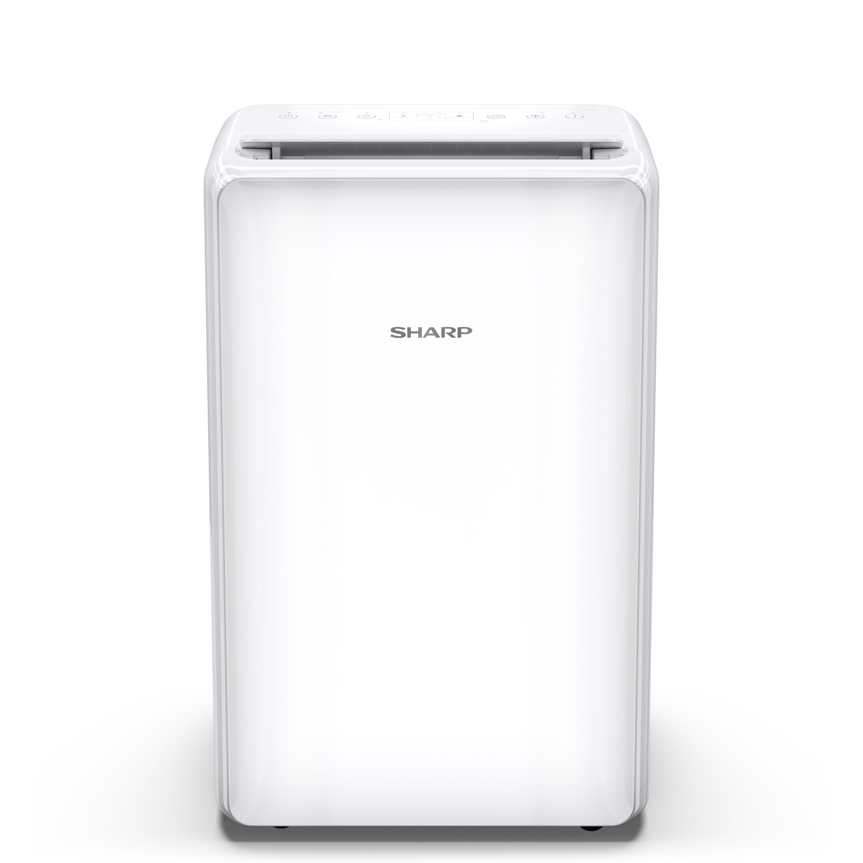 White, rectangular air purifier with SHARP logo. It has a control panel on top and a clean design.