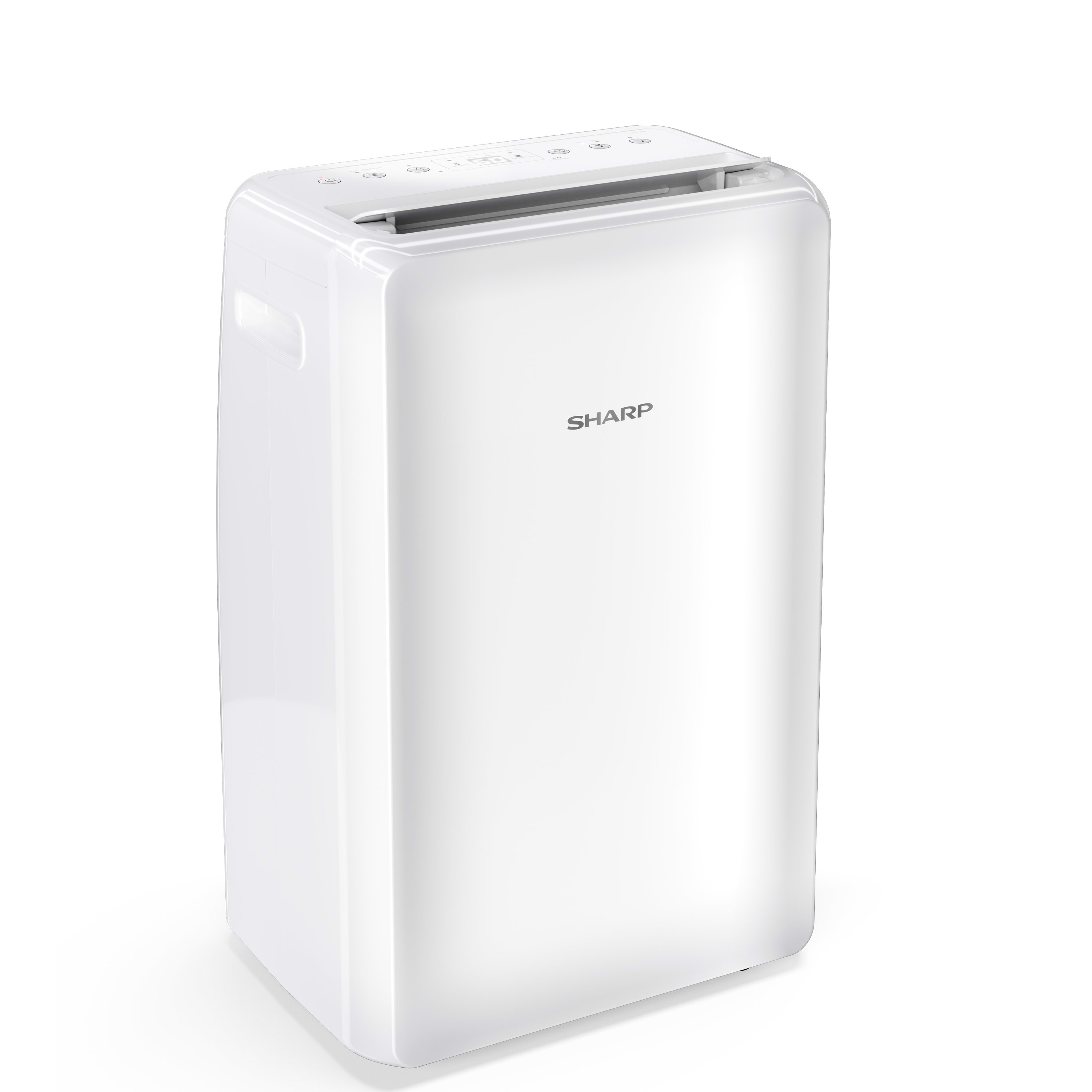 White Sharp air purifier. It has a rectangular shape and a top vent. White background.