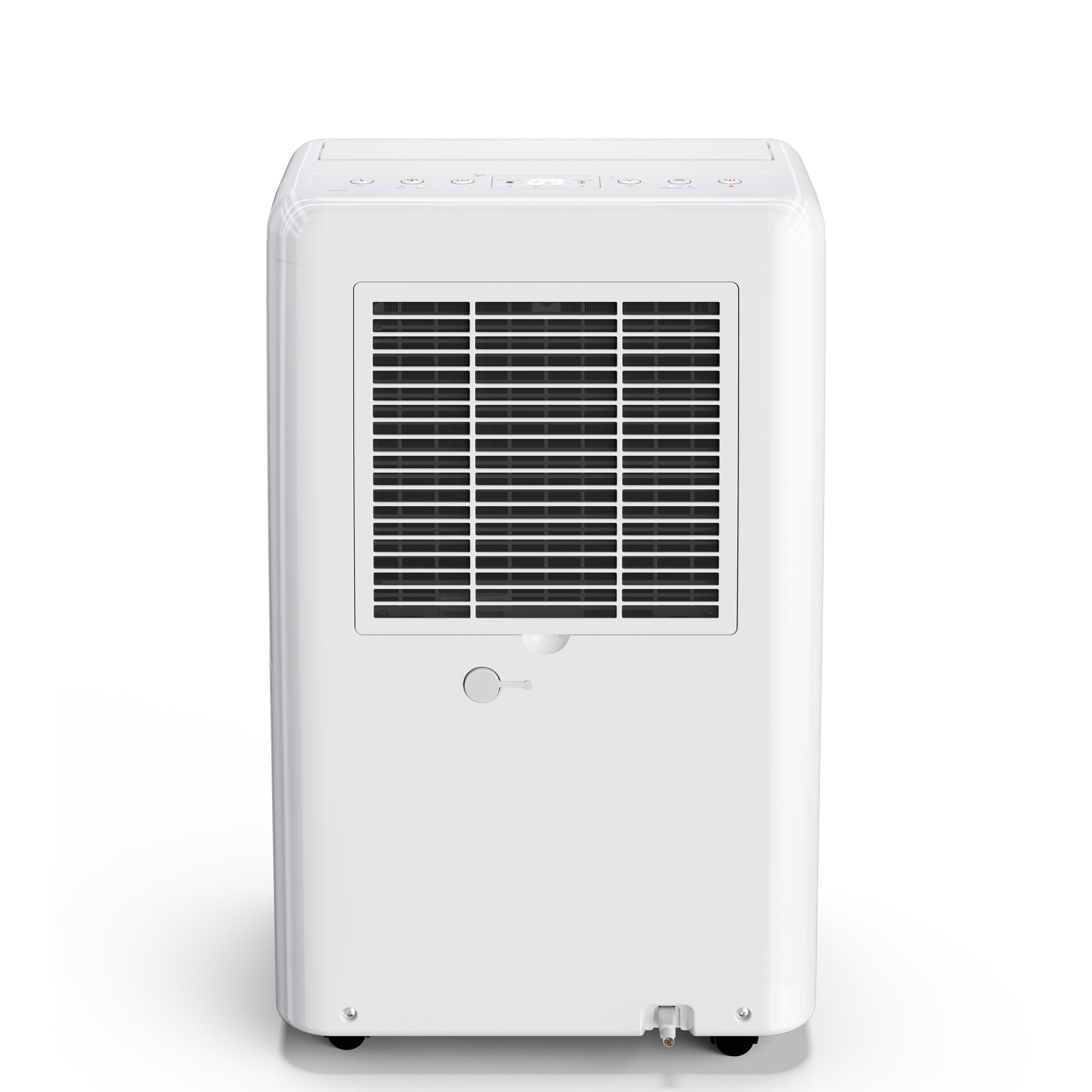 White dehumidifier with a black vent and control panel.