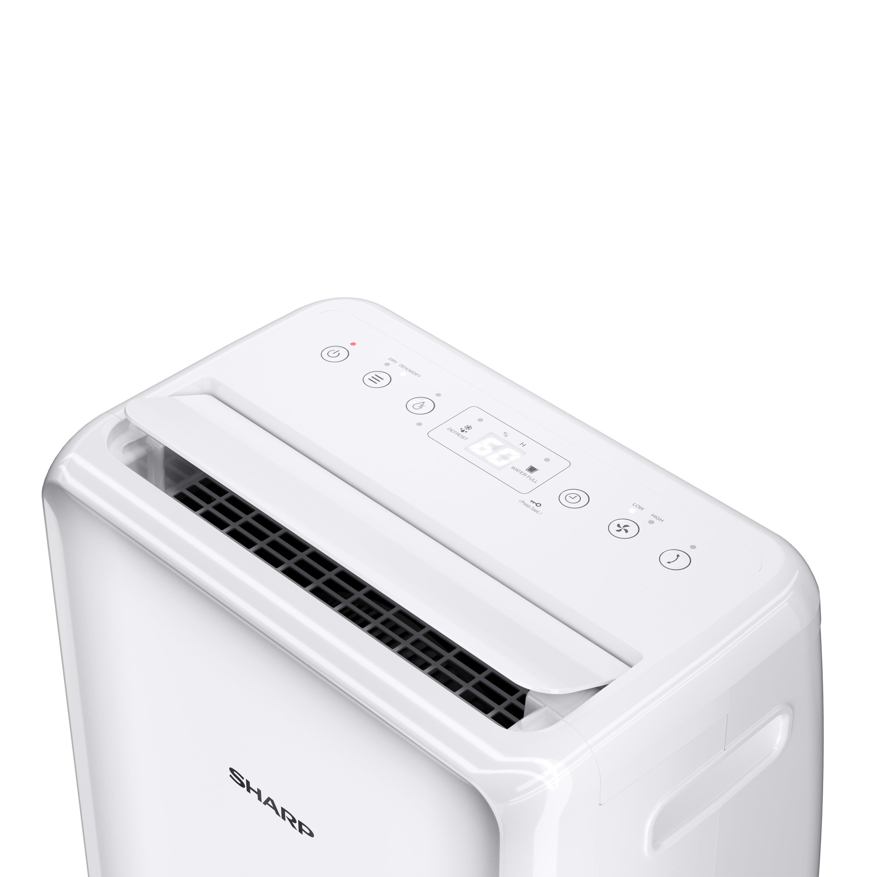 White Sharp air purifier. Top view shows control panel, vents, and display screen against a white background.