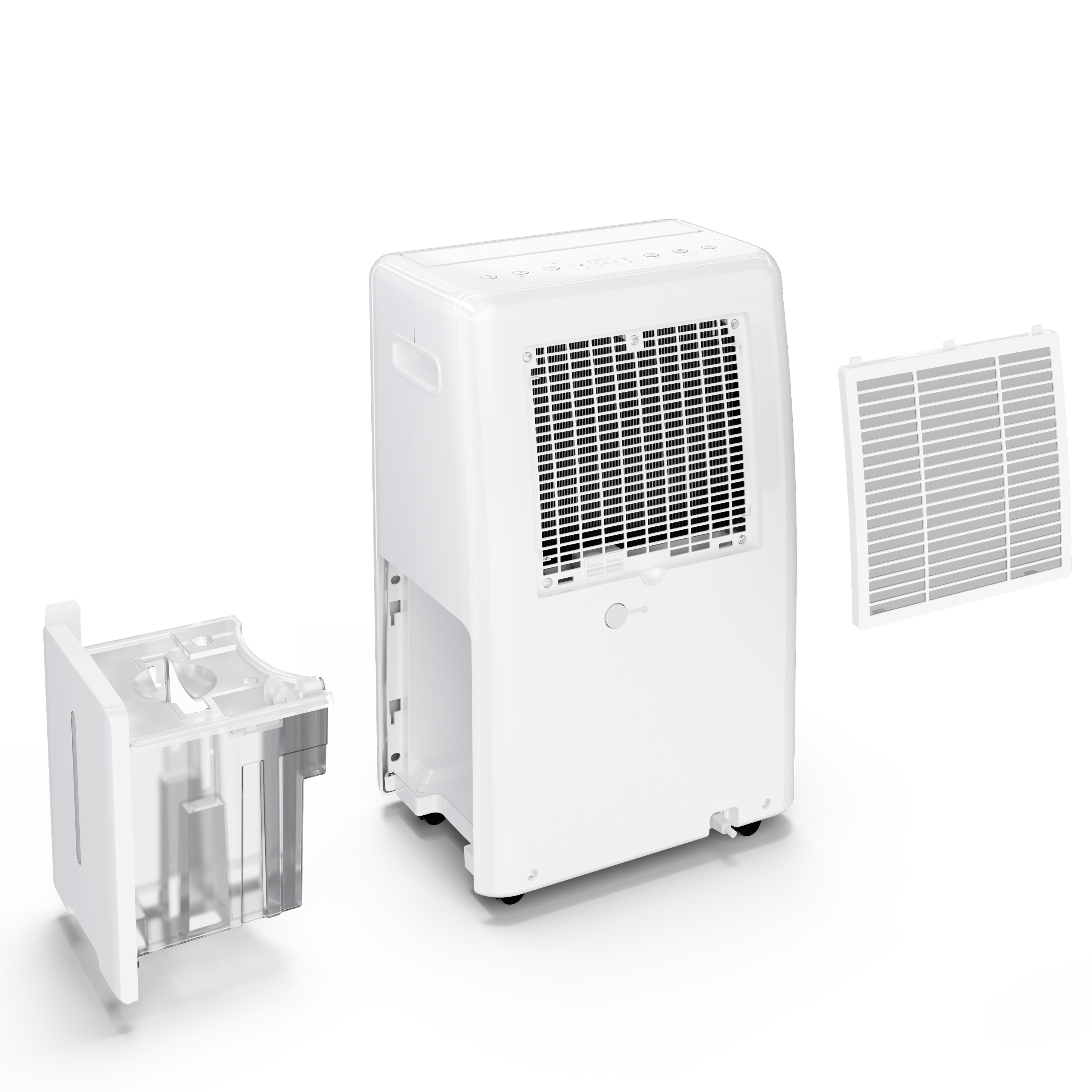 White dehumidifier with components disassembled. A water tank, filter, and the main body.