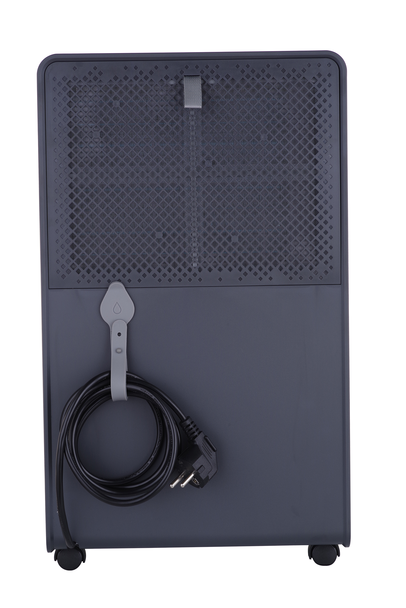 Widok z tyłu ciemnoszarej chłodziarki powietrza. Ma przewód zasilający i uchwyt do wieszania przewodu.