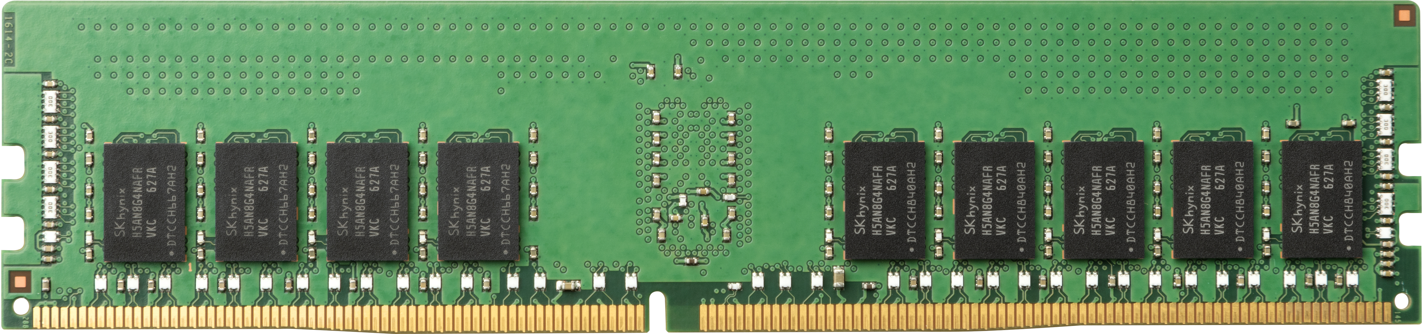 Un modulo di memoria RAM verde. Ha diversi chip di memoria neri e connettori dorati in basso.