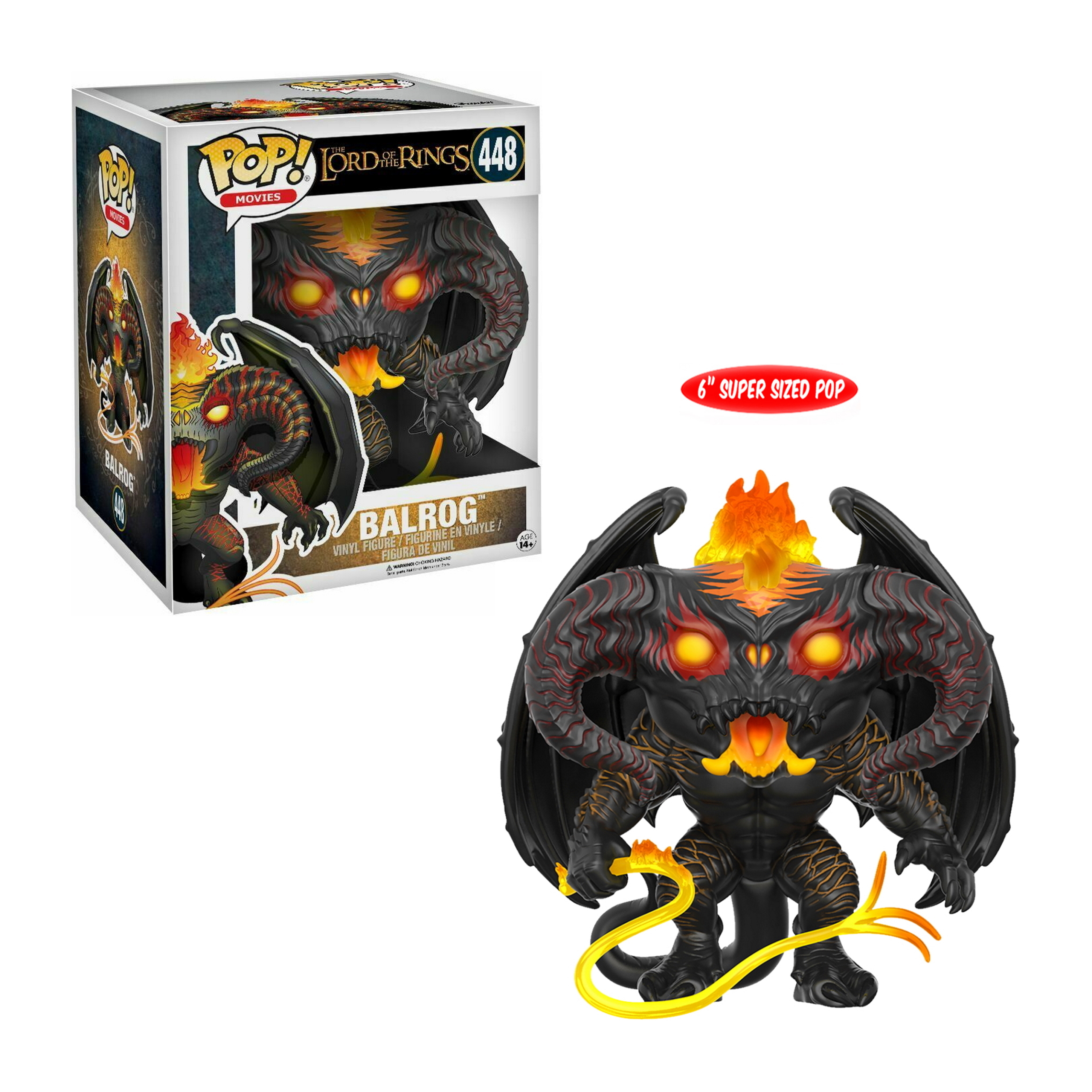 Figurka Balroga z Władcy Pierścieni. Ma czarne skrzydła, pomarańczowe płomienie i jest w pudełku.