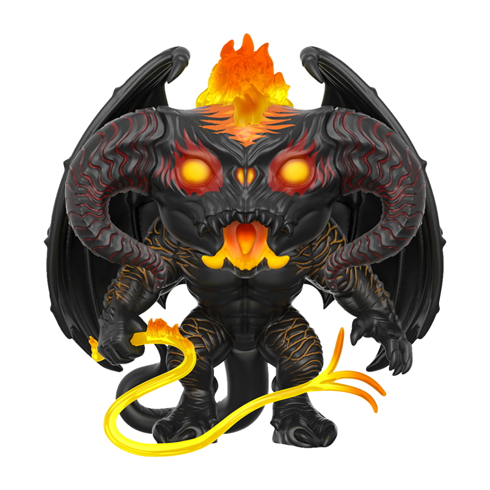Figurka Balrog Funko Pop z ogniem na głowie i żółtym biczem. Ma czarne skrzydła.