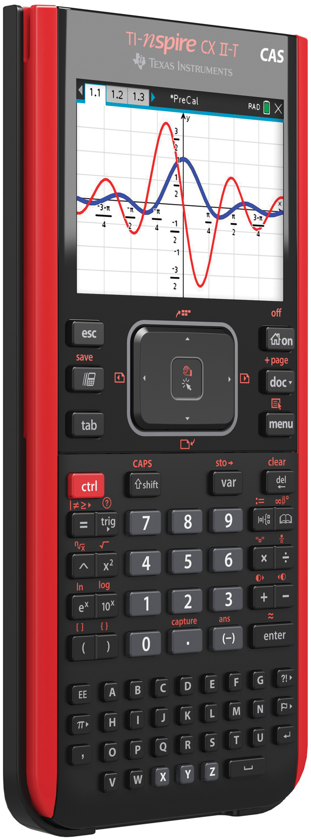 Una calcolatrice TI-nspire CX II-T rossa e nera che mostra un grafico sullo schermo.