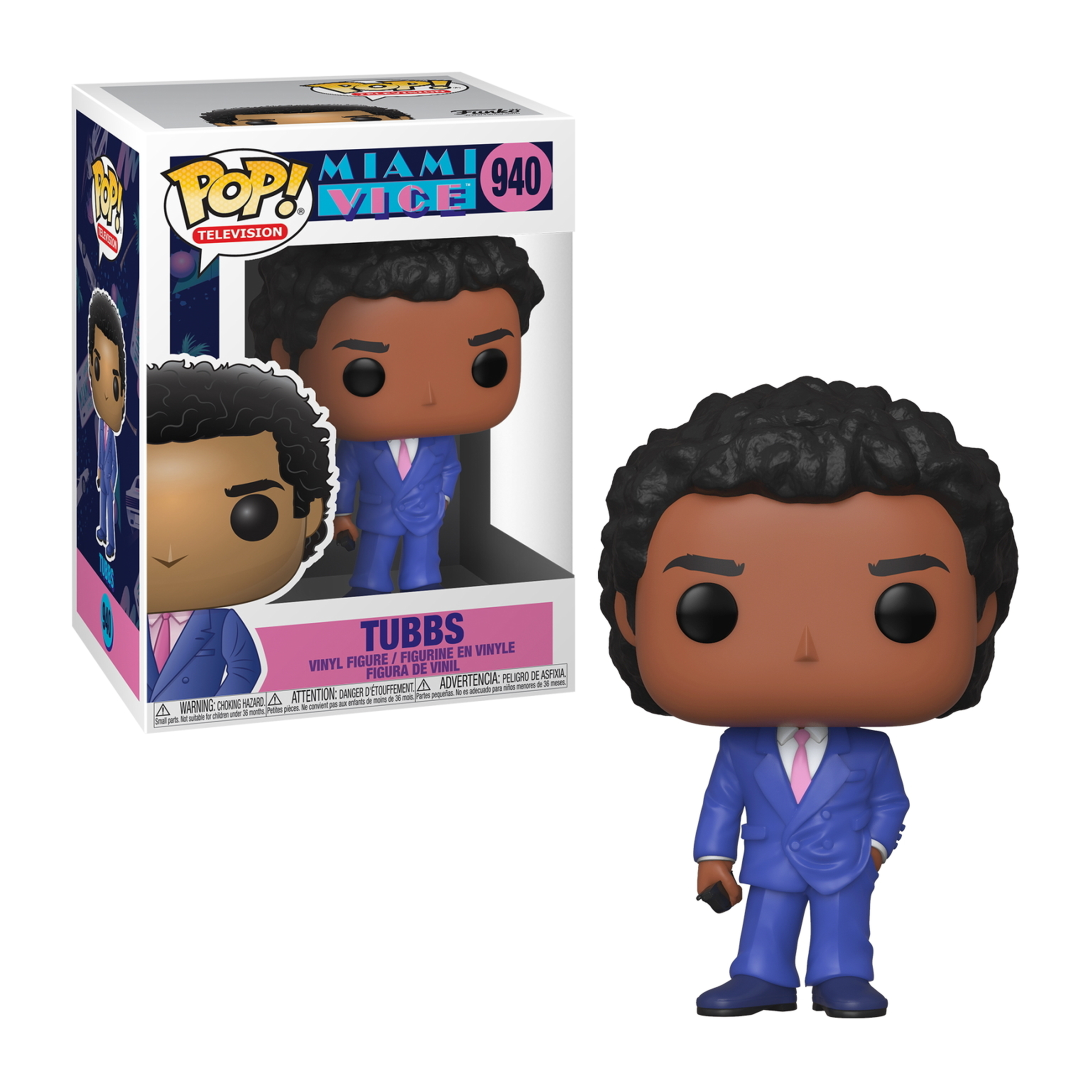 Personaggio Pop di Tubbs in una scatola di Miami Vice. Indossa un abito blu. La scatola ha dettagli rosa.