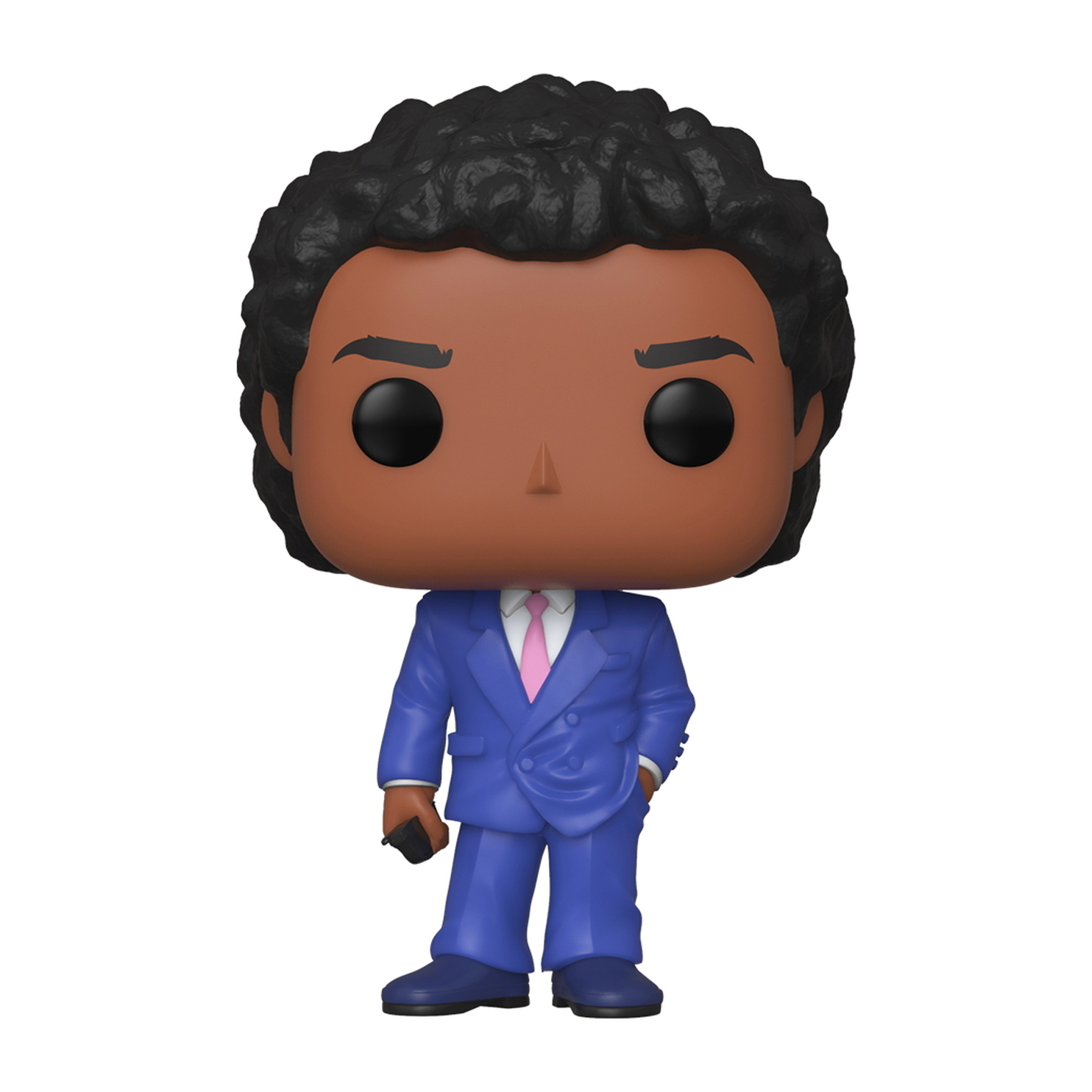 Funko Pop di un uomo in abito blu con cravatta rosa.