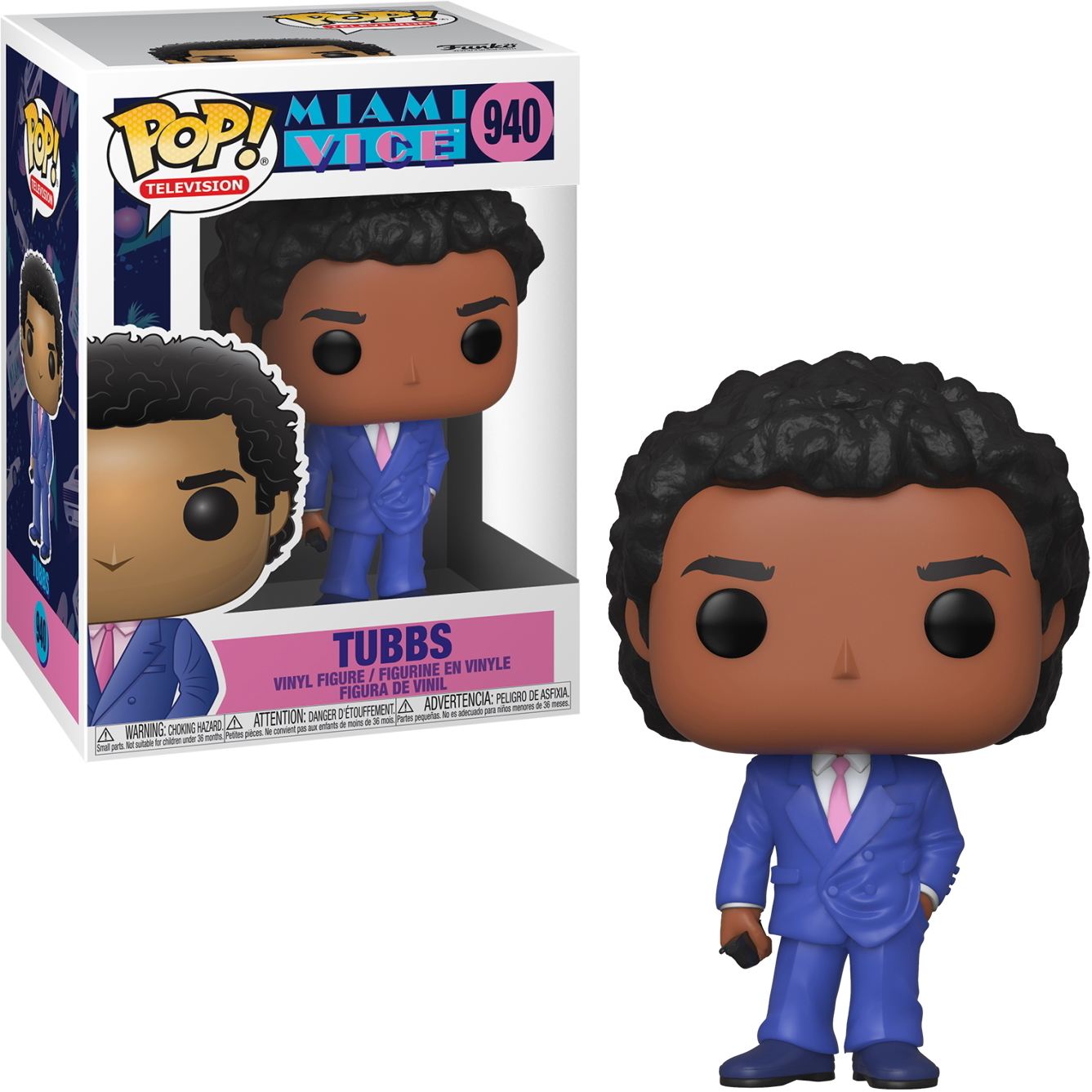 Personaggio Tubbs Funko Pop! da Miami Vice, in abito blu, cravatta rosa. Un uomo nero con capelli ricci.