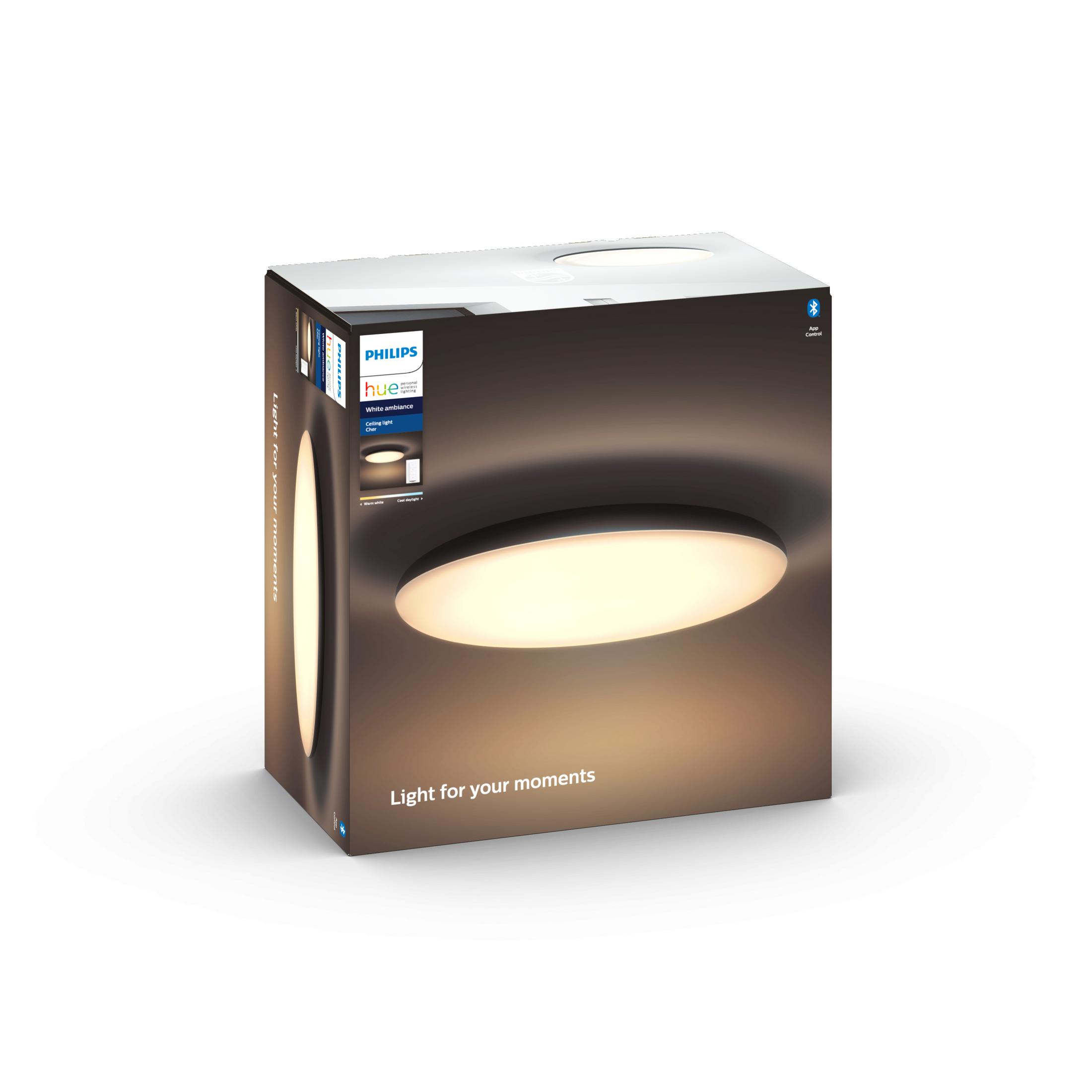 Scatola della plafoniera Philips Hue. La scatola è bianca con un grafico di luce circolare. La scatola dice 'Light for your moments'.