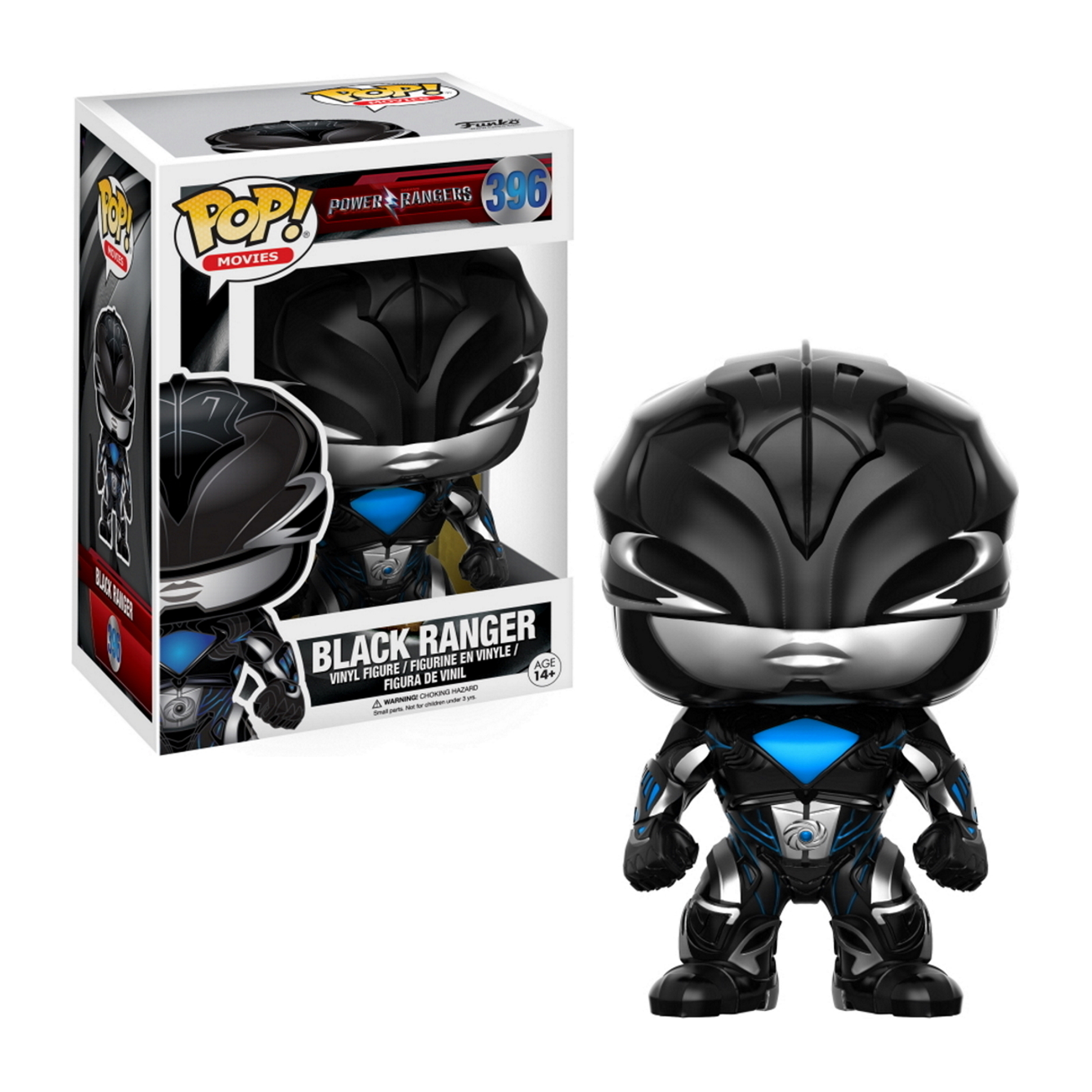 Black Ranger Pop! Figur. Eine schwarze Power Ranger Figur mit Helm und einer Box.