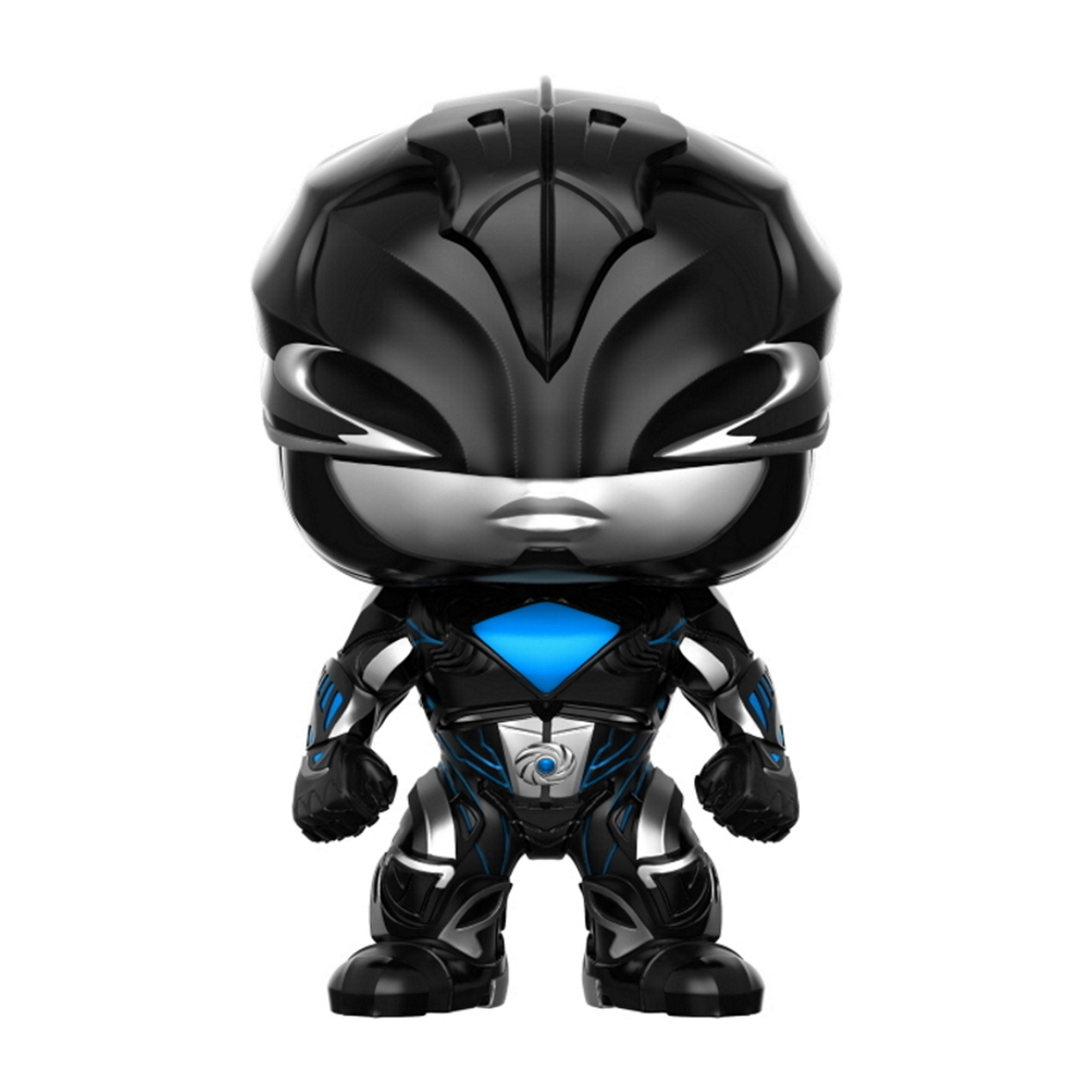 Schwarze Power Ranger Figur mit silbernem Gesicht und blauen Akzenten.