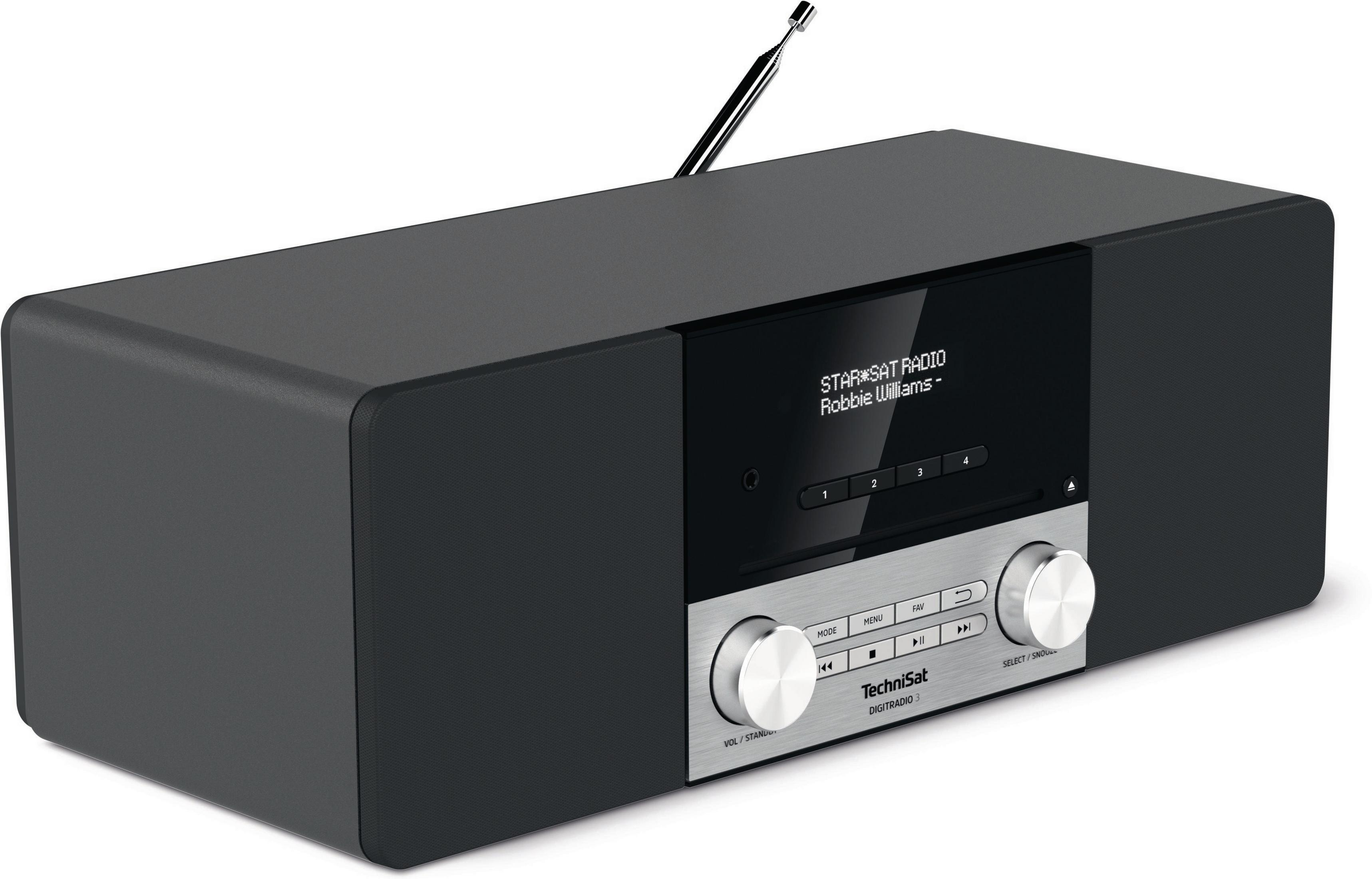 Czarny i szary zestaw stereo z wyświetlaczem cyfrowym pokazującym informacje radiowe.