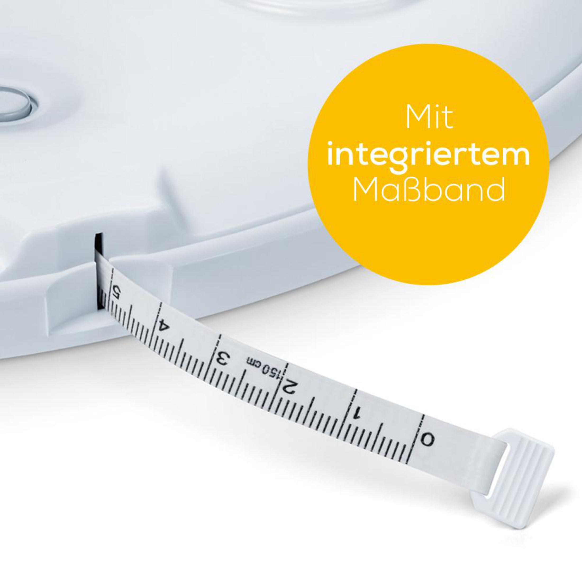 Weißes Maßband, das sich von einem weißen Objekt erstreckt, mit gelbem Kreis: 'integriertes Maßband'.