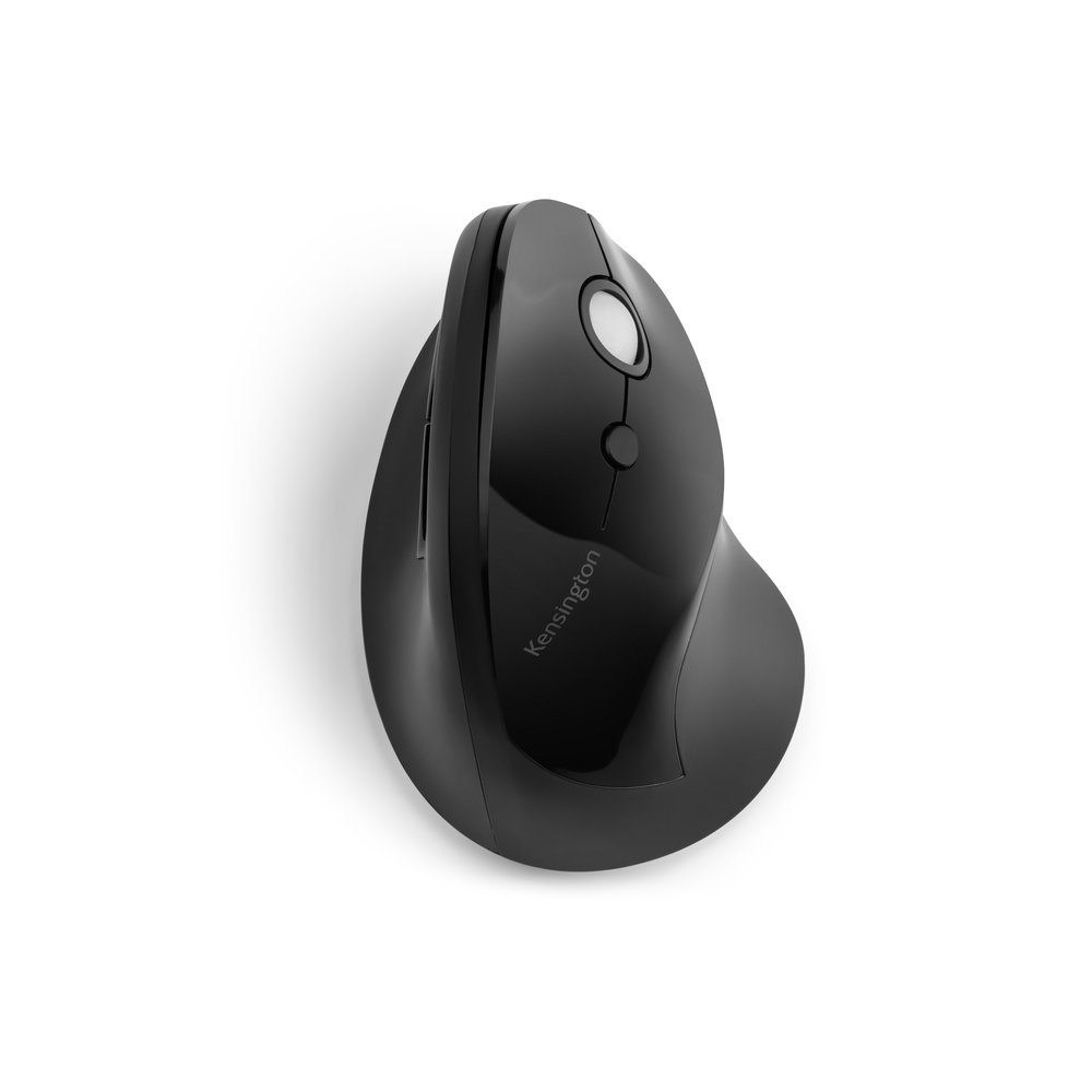 Une souris ergonomique verticale noire de Kensington sur une surface blanche, vue d'en haut.
