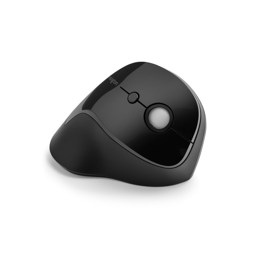 Souris ergonomique noire. Elle a un design incurvé et est inclinée vers la droite.