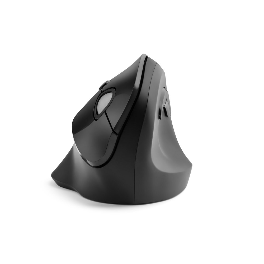 Souris ergonomique verticale noire. Montre la forme et les boutons de l'appareil.