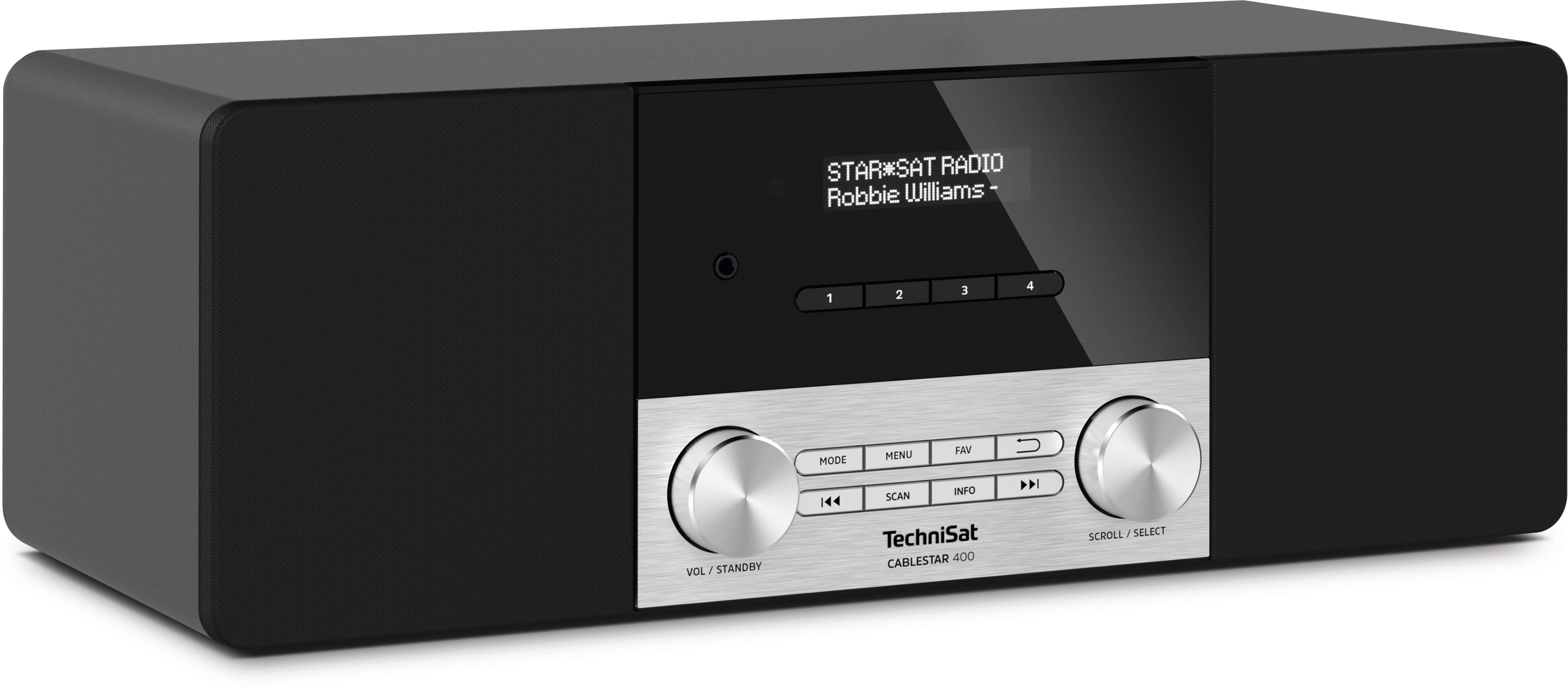 Radio nero e argento con display. Lo schermo mostra 'STARSAAT RADIO' e 'Robbie Williams'.