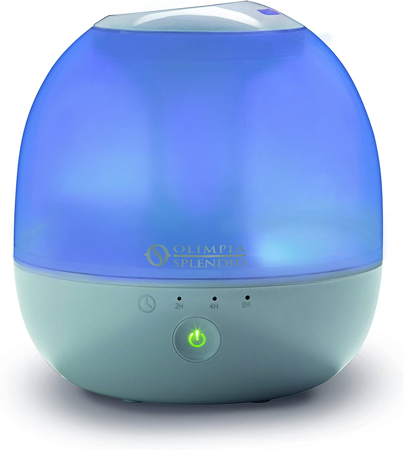 Nawilżacz powietrza Olimpia Splendid. Biało-niebieski. Zielony przycisk zasilania z przodu.