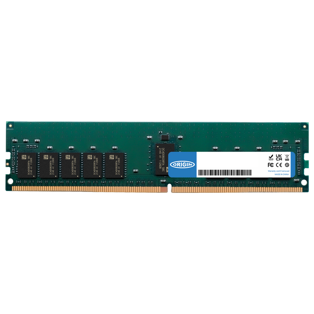Un modulo RAM verde con il logo Origin, con diversi chip neri. È su uno sfondo bianco.