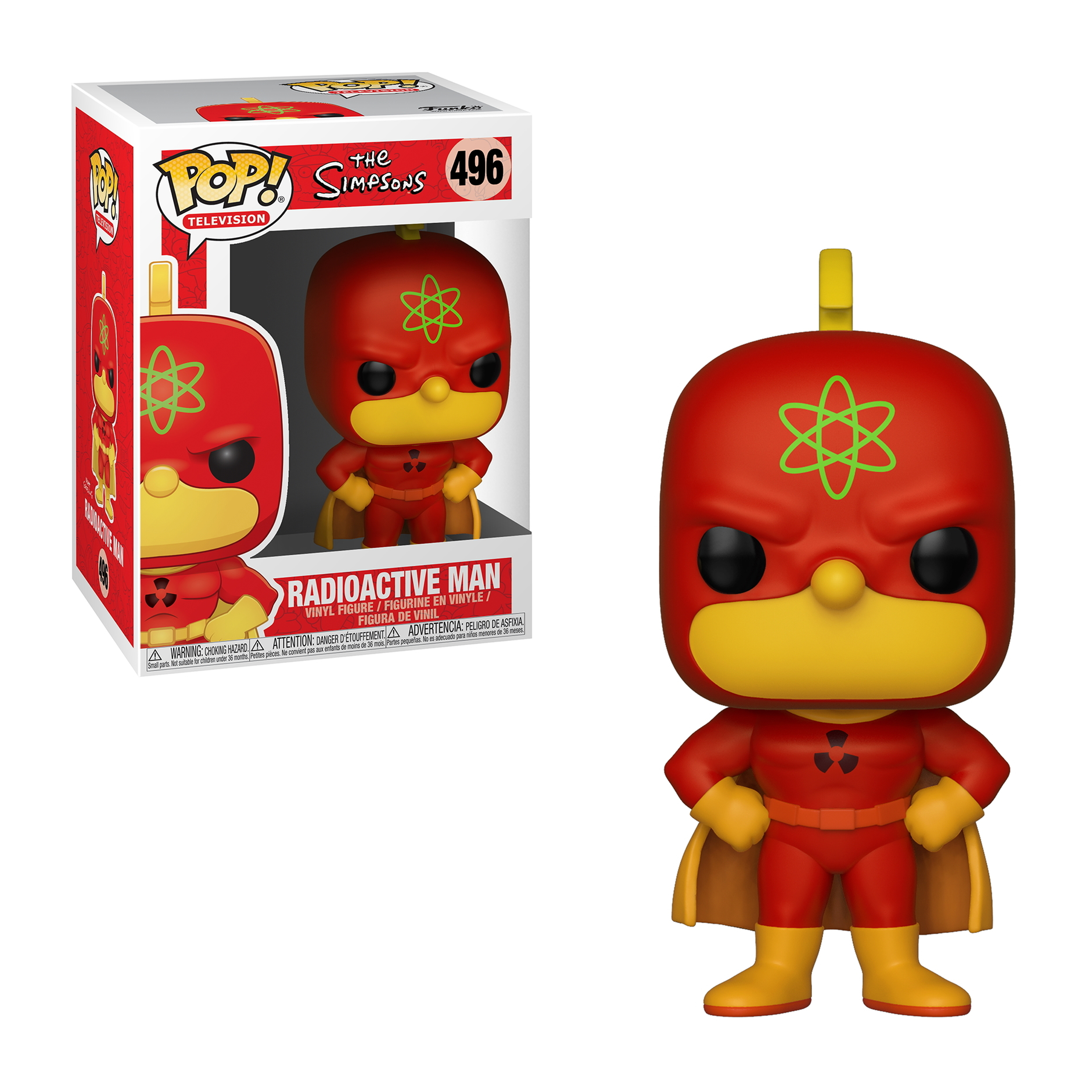 Figura di Radioactive Man con scatola. Abito rosso e giallo, simbolo atomico verde sul petto.