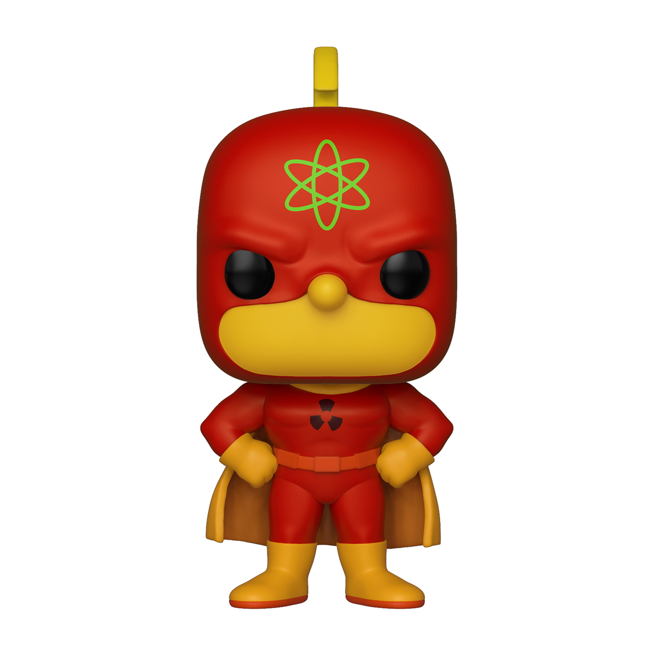 Personaggio Radioactive Man Pop!, tuta rossa, faccia gialla, simbolo atomo verde, in scatola.