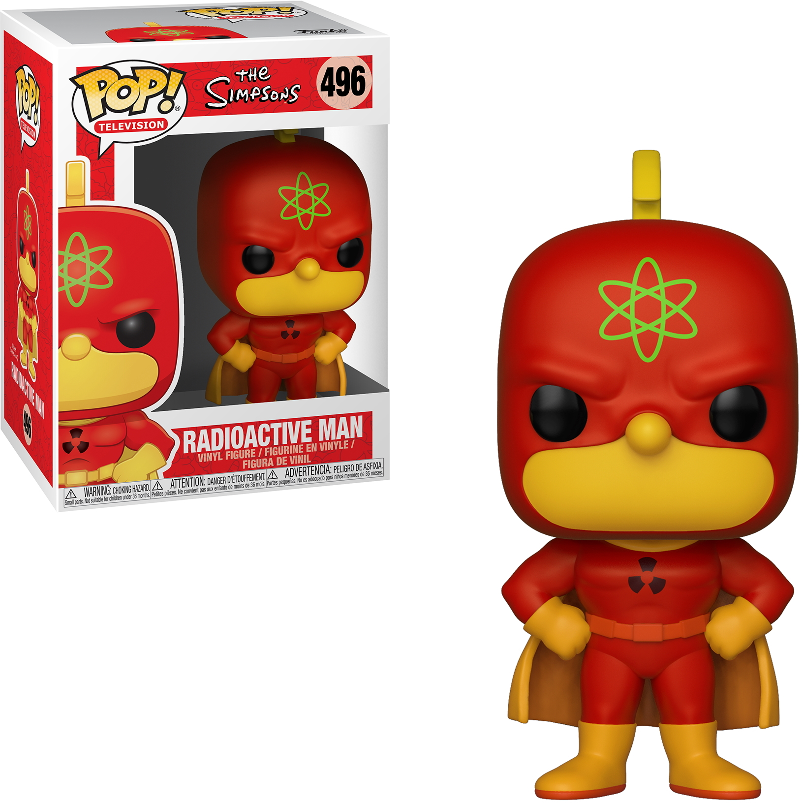 Figura di Radioactive Man. Abito rosso, mantello giallo, simbolo atomico verde su petto e testa, in scatola.