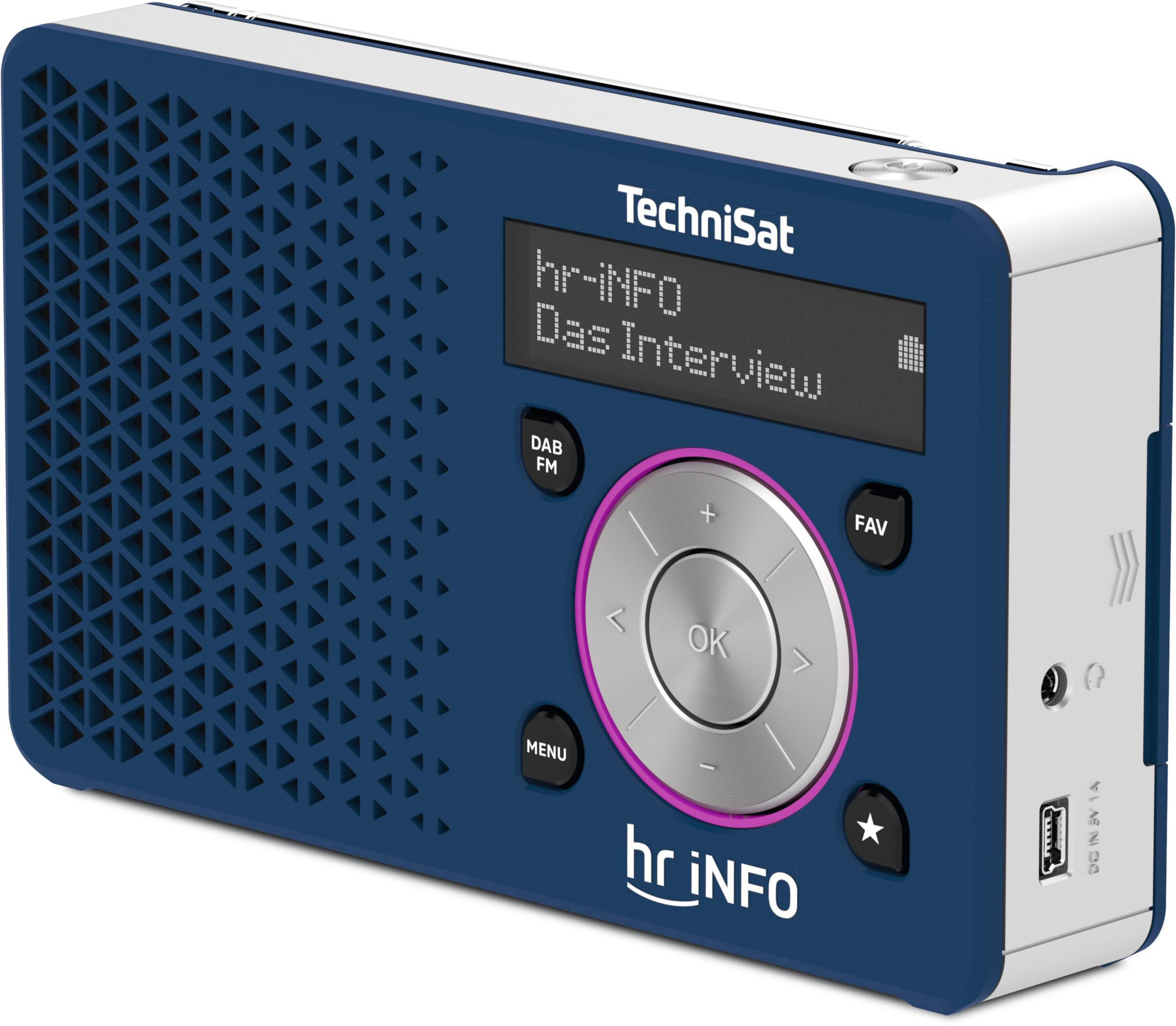 Blau-weißes Radio mit Bildschirm und Knöpfen auf weißer Oberfläche.