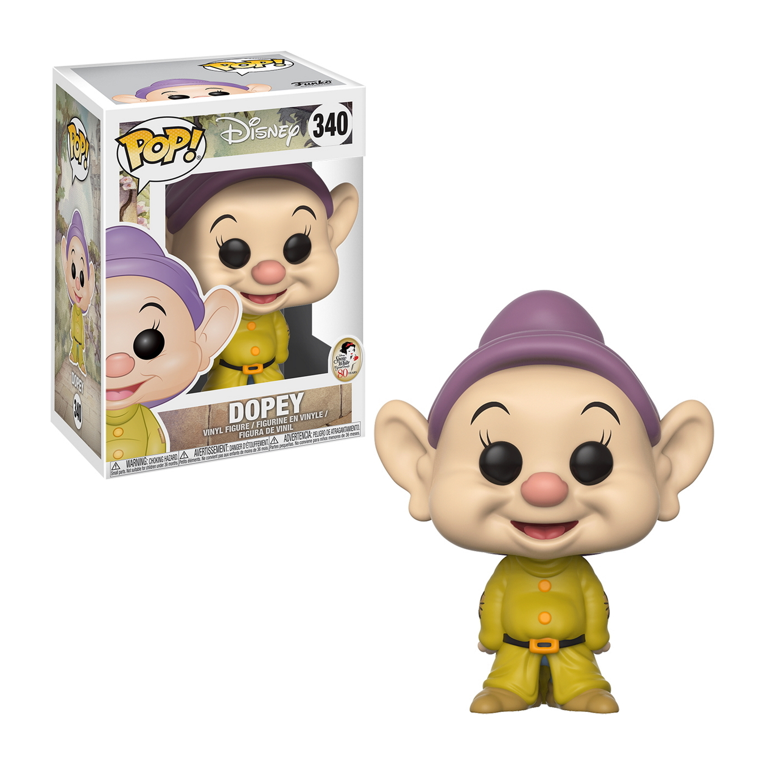 Dopey z Królewny Śnieżki Disney Pop! figurka, w fioletowym kapeluszu i żółtej koszuli, z pudełkiem.
