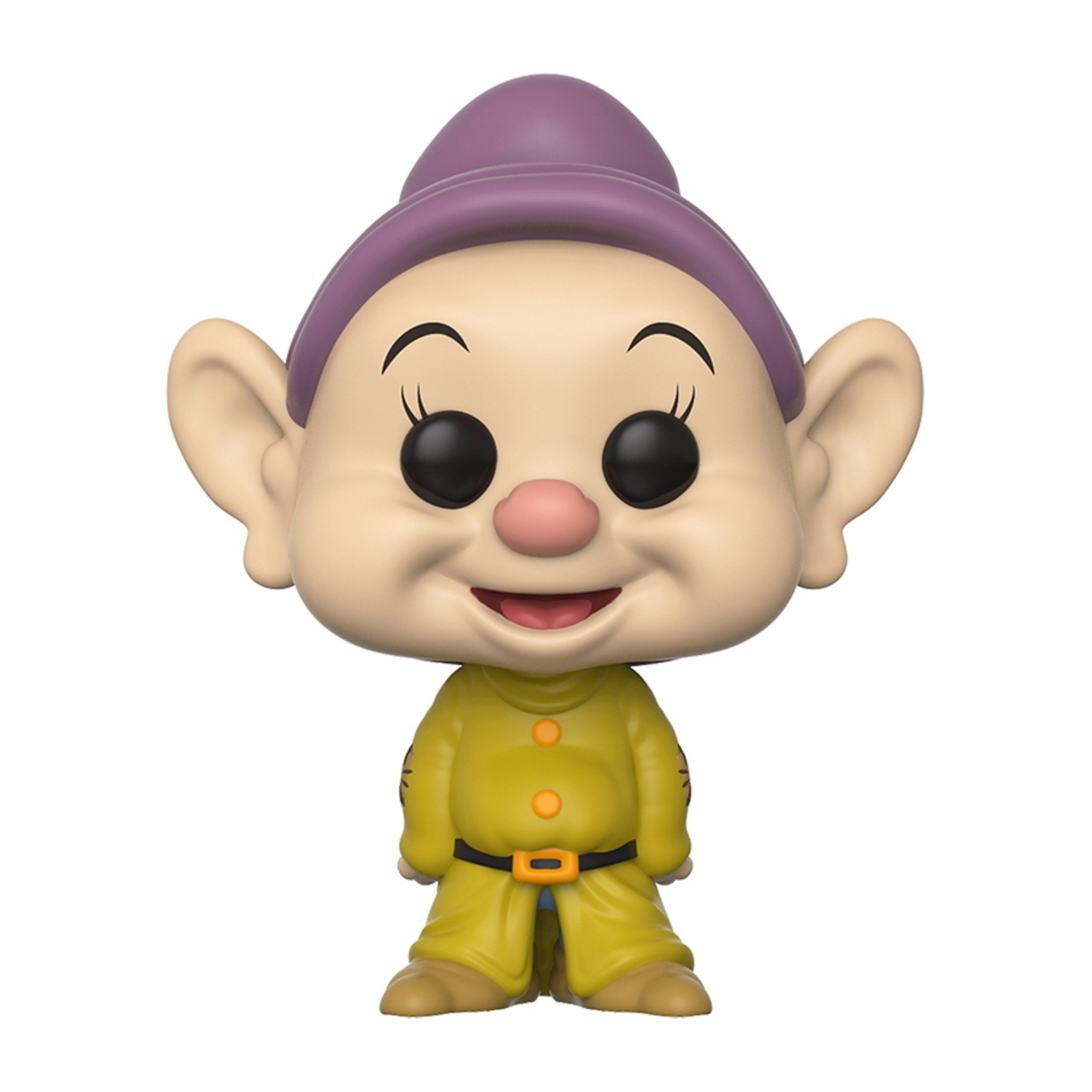 Figurka Dopy'ego w żółtym stroju, fioletowym kapeluszu, czarnych oczach i uśmiechniętej twarzy.