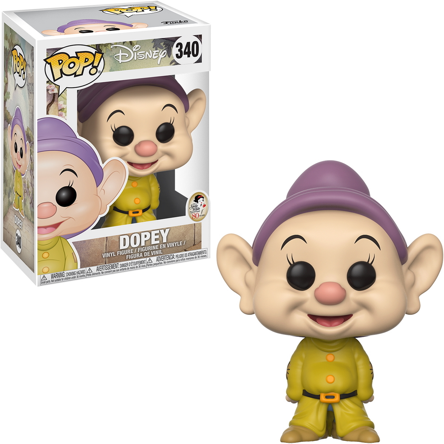 Figurka Funko Pop Dopy'ego. Żółty strój, fioletowy kapelusz, duże uszy i pudełko.