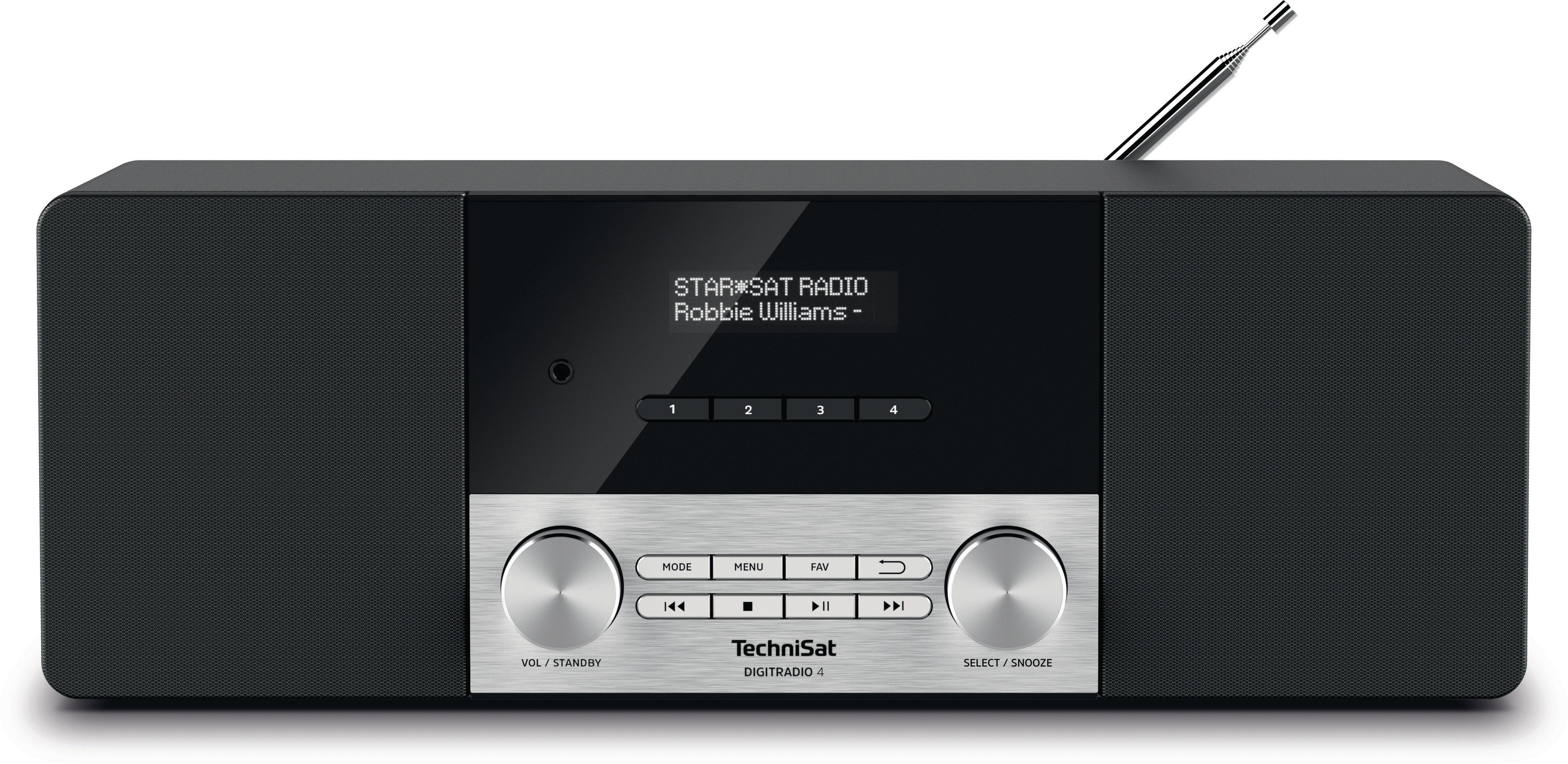 Czarny radioodbiornik. Posiada wyświetlacz pokazujący stację radiową i elementy sterujące.