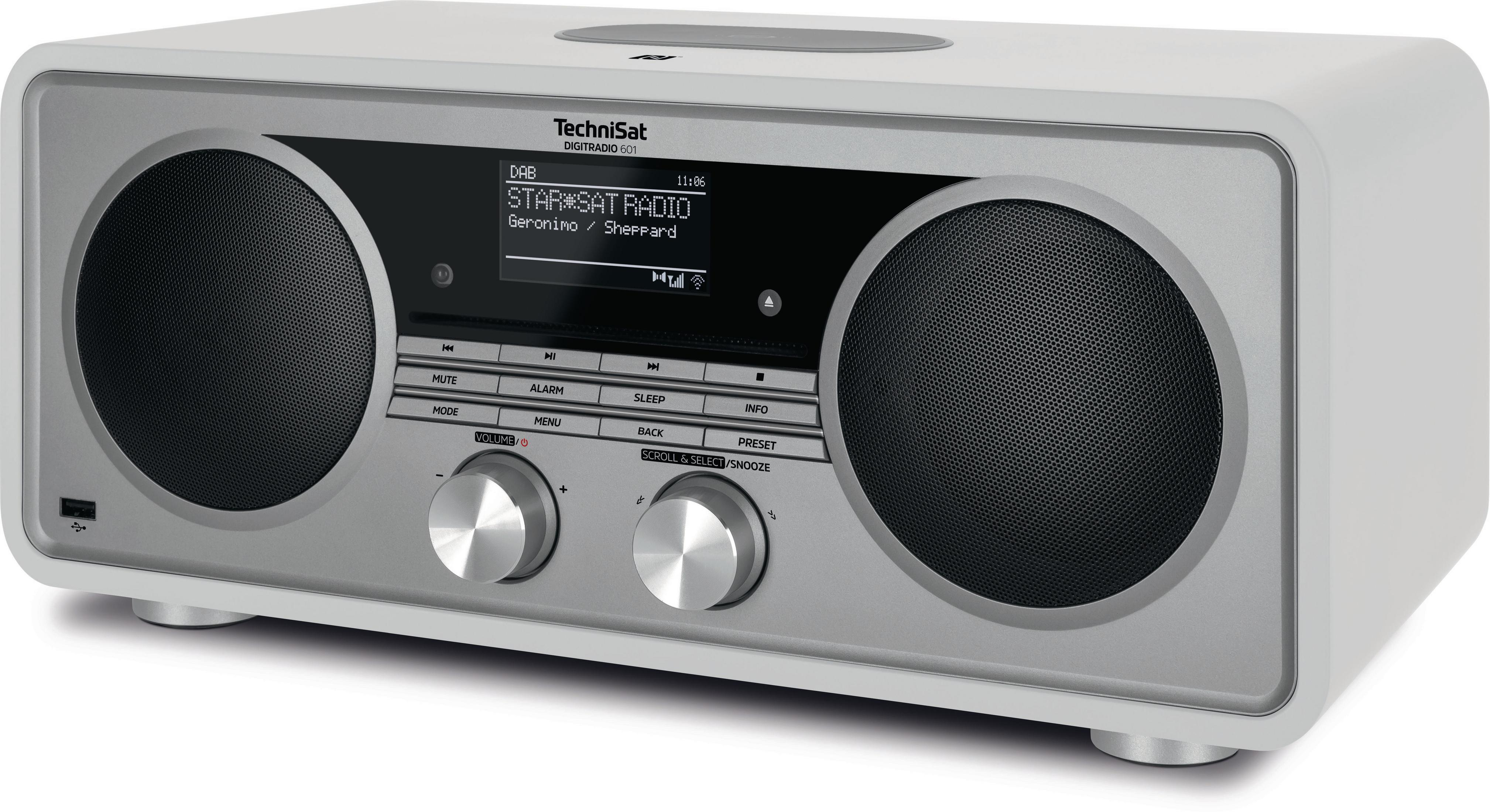 Ein weißes Radio mit Lautsprechern, einem Display und Drehknöpfen. TechniSat wird angezeigt.